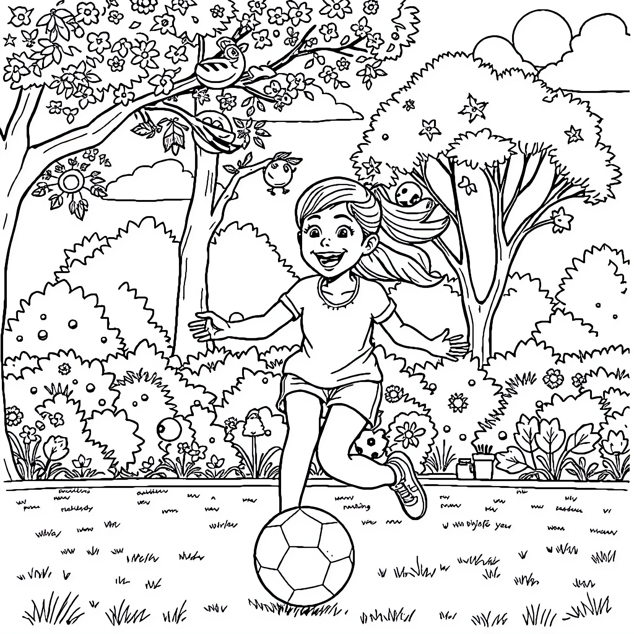 Handball: A Girl Playing Soccer in a Verdant Garden Coloring Page (free black-and-white line drawing printable PDF for all, from beginners to advanced learners, including children, teens, adults, and seniors)