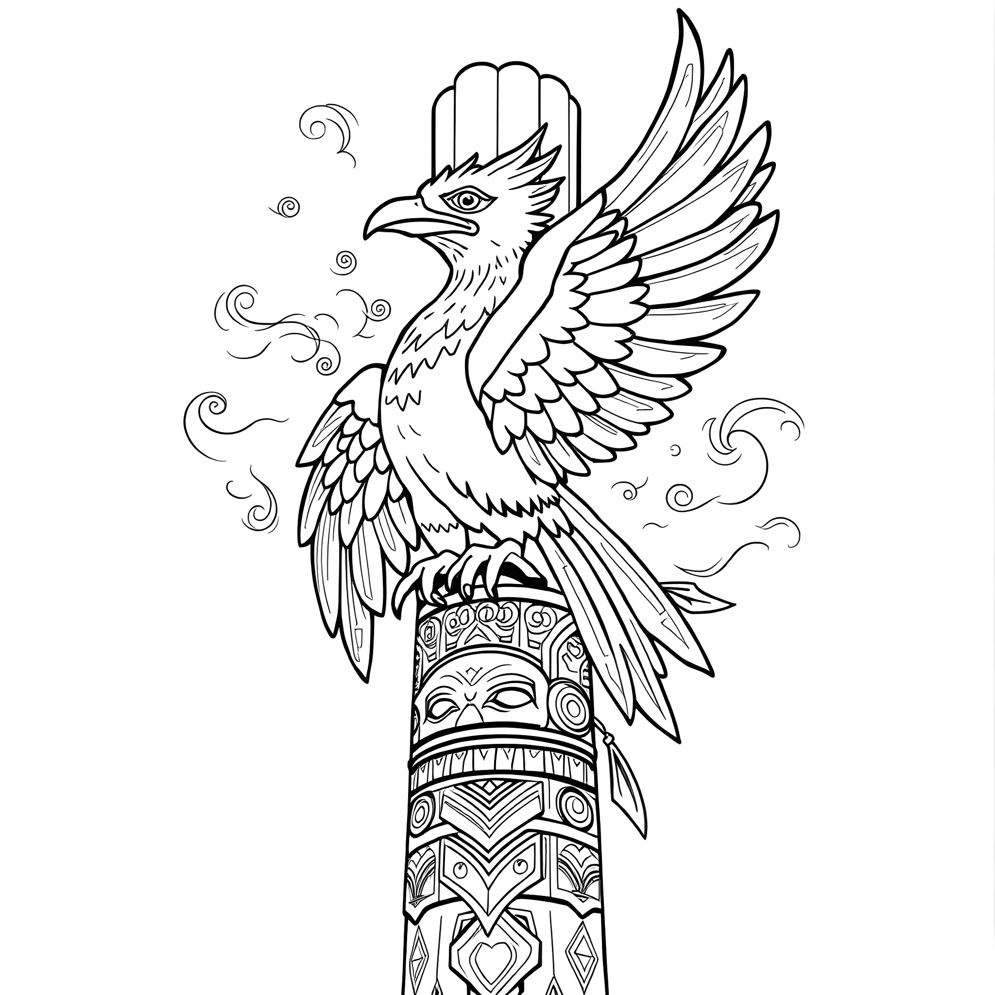 Thunderbird with intricate tribal patterns Coloring Page (free black-and-white line drawing printable PDF for all, from beginners to advanced learners, including children, teens, adults, and seniors)