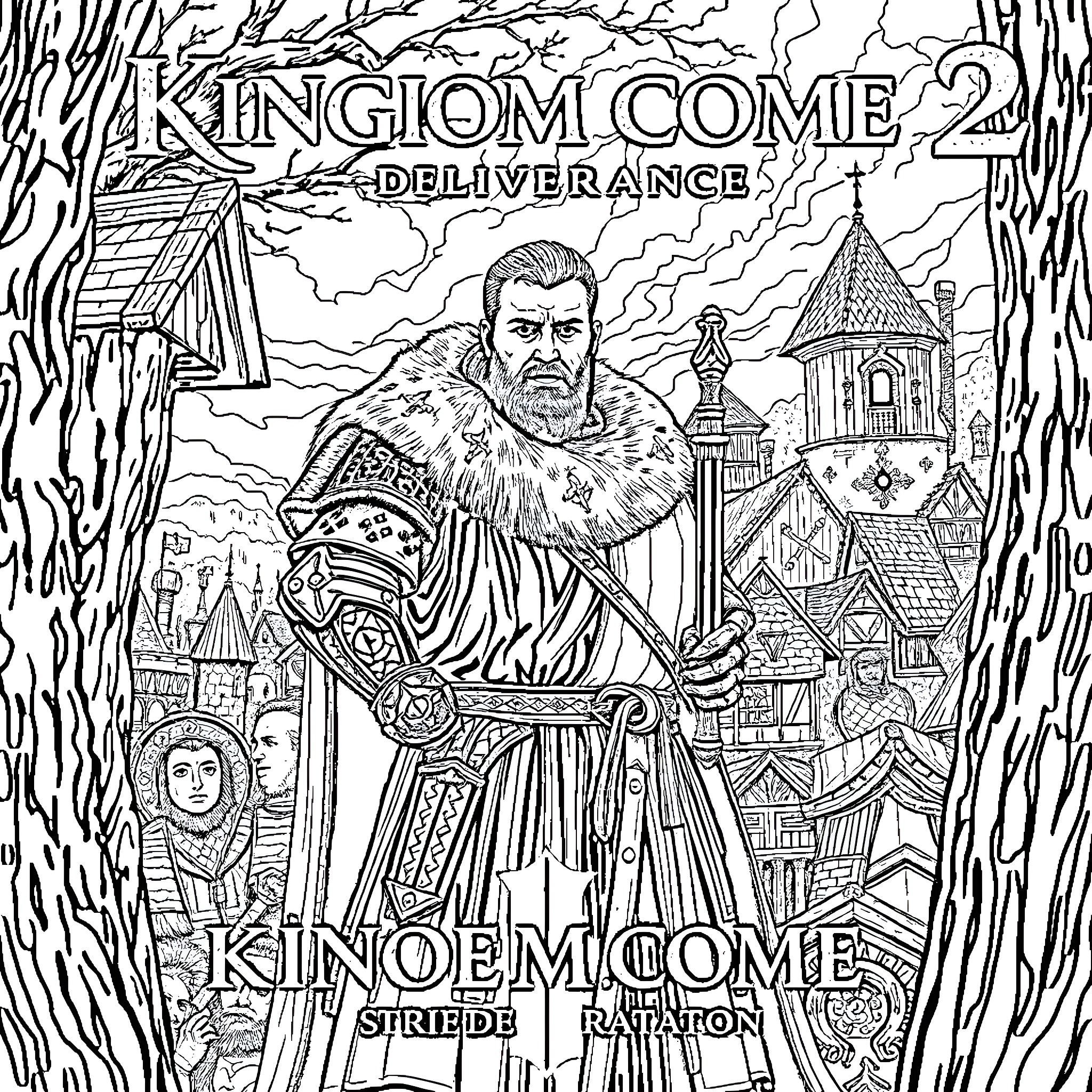 Jan Žižka leading his army in the Kingdom Come 2 video game Coloring Page (free black-and-white line drawing printable PDF for all, from beginners to advanced learners, including children, teens, adults, and seniors)