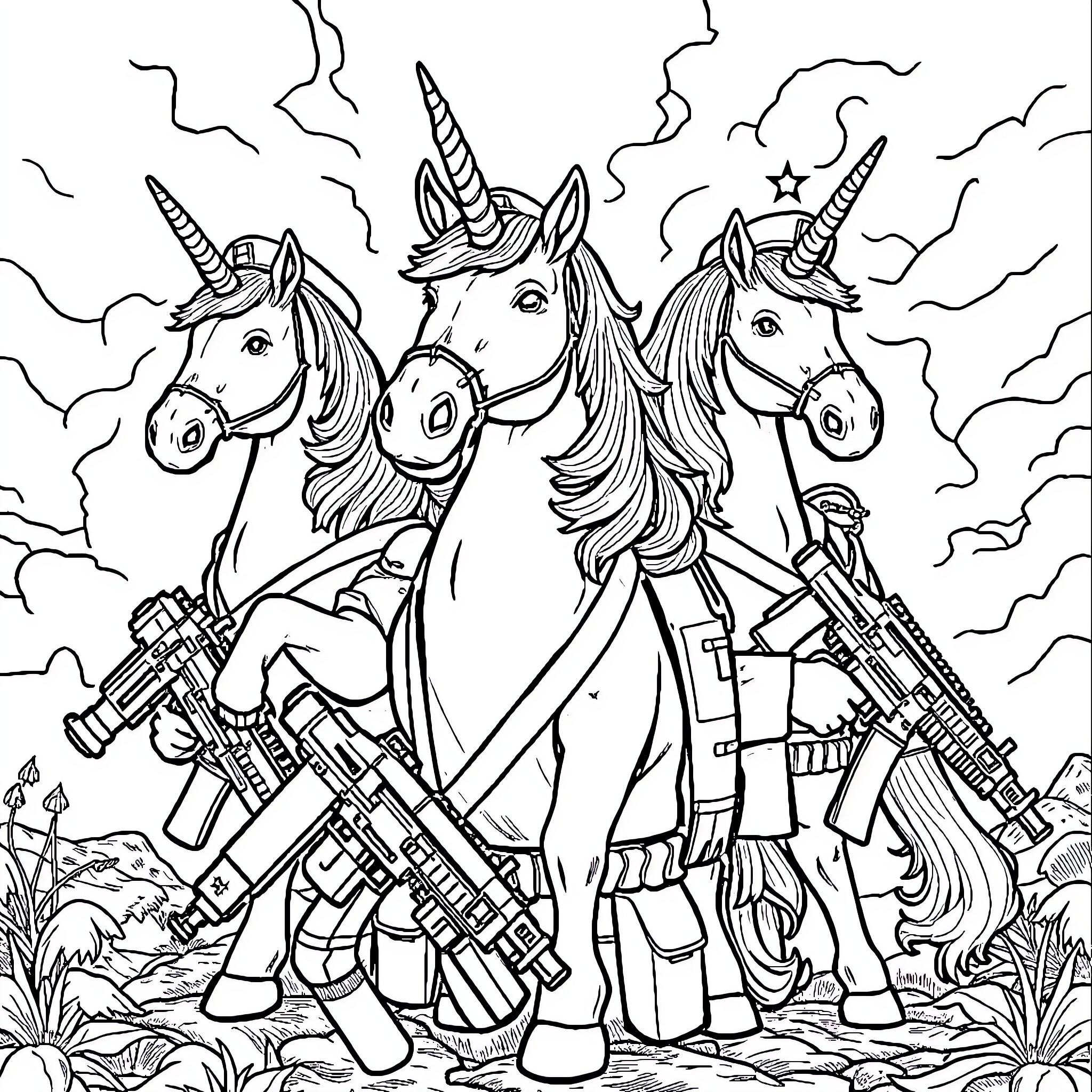 Unicorn Soldiers Wielding Weapons in Battle Coloring Page (free black-and-white line drawing printable PDF for all, from beginners to advanced learners, including children, teens, adults, and seniors)