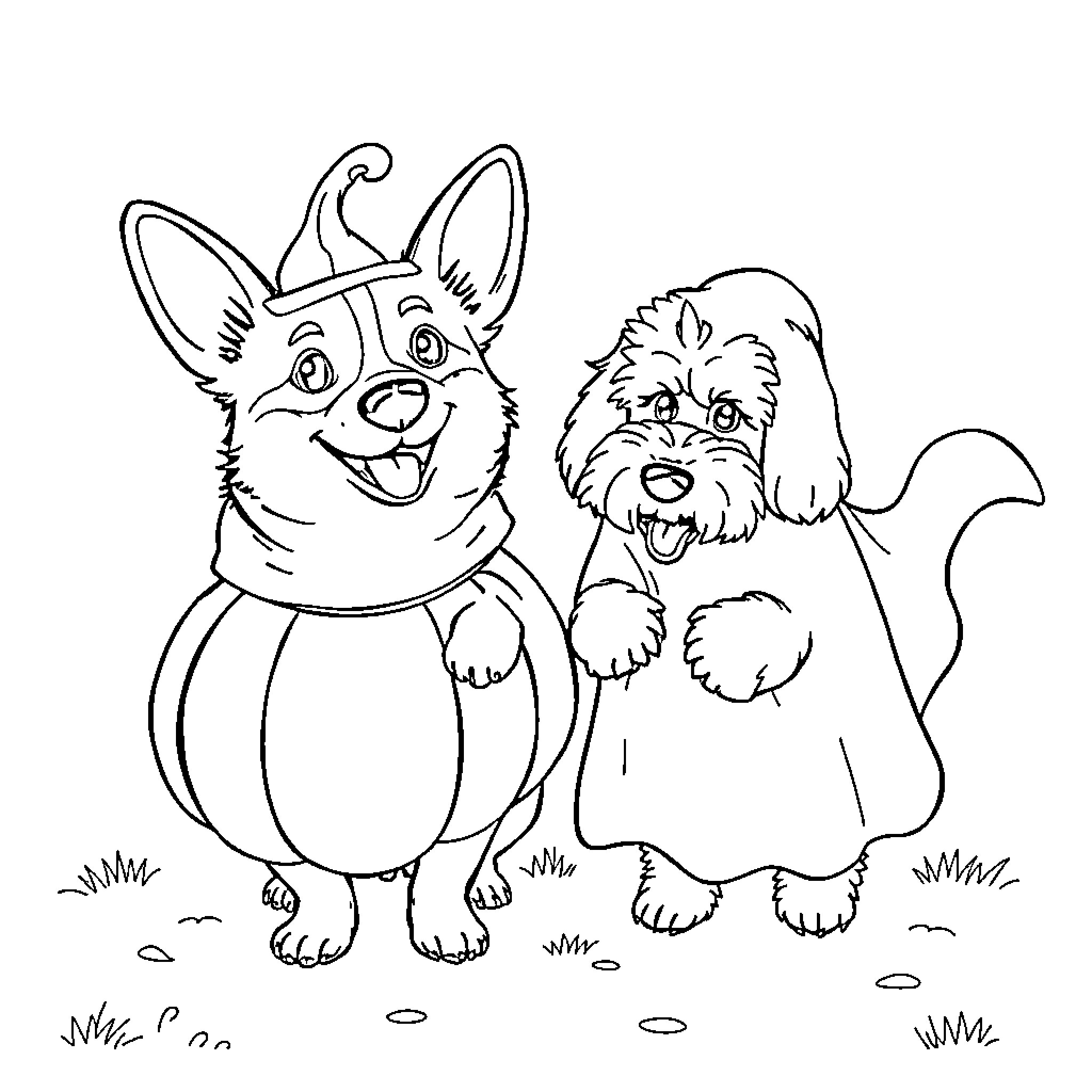Corgi and Poodle Friends Enjoying the Outdoors Coloring Page (free black-and-white line drawing printable PDF for all, from beginners to advanced learners, including children, teens, adults, and seniors)