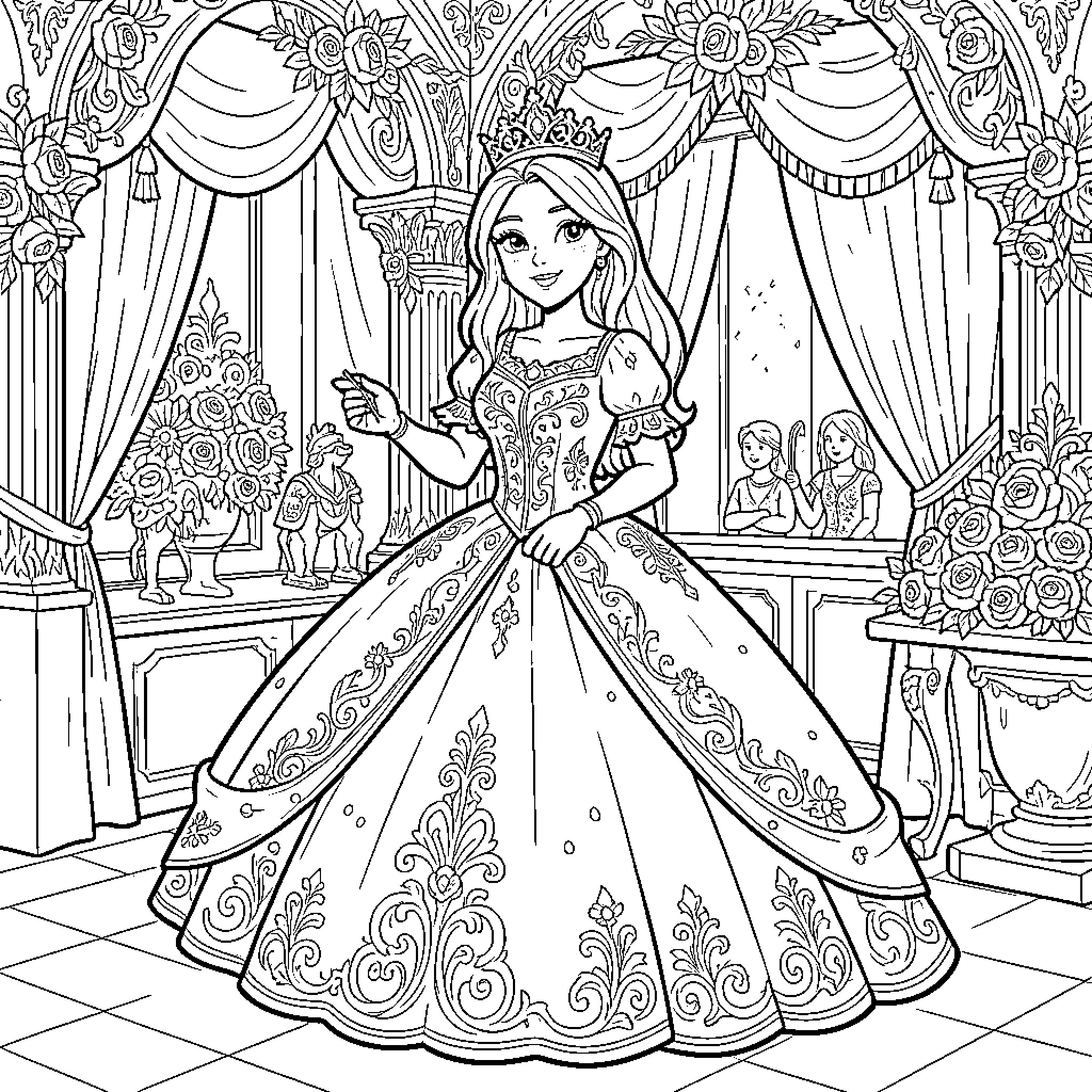Princess wearing a grand gown in a royal ballroom Coloring Page (free black-and-white line drawing printable PDF for all, from beginners to advanced learners, including children, teens, adults, and seniors)