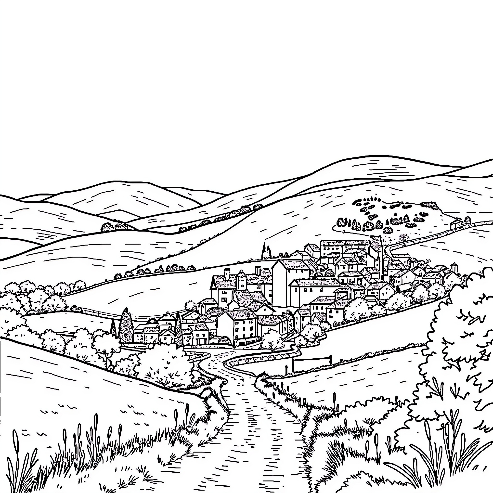 Chevreil - Charming village nestled in picturesque countryside Coloring Page (free black-and-white line drawing printable PDF for all, from beginners to advanced learners, including children, teens, adults, and seniors)