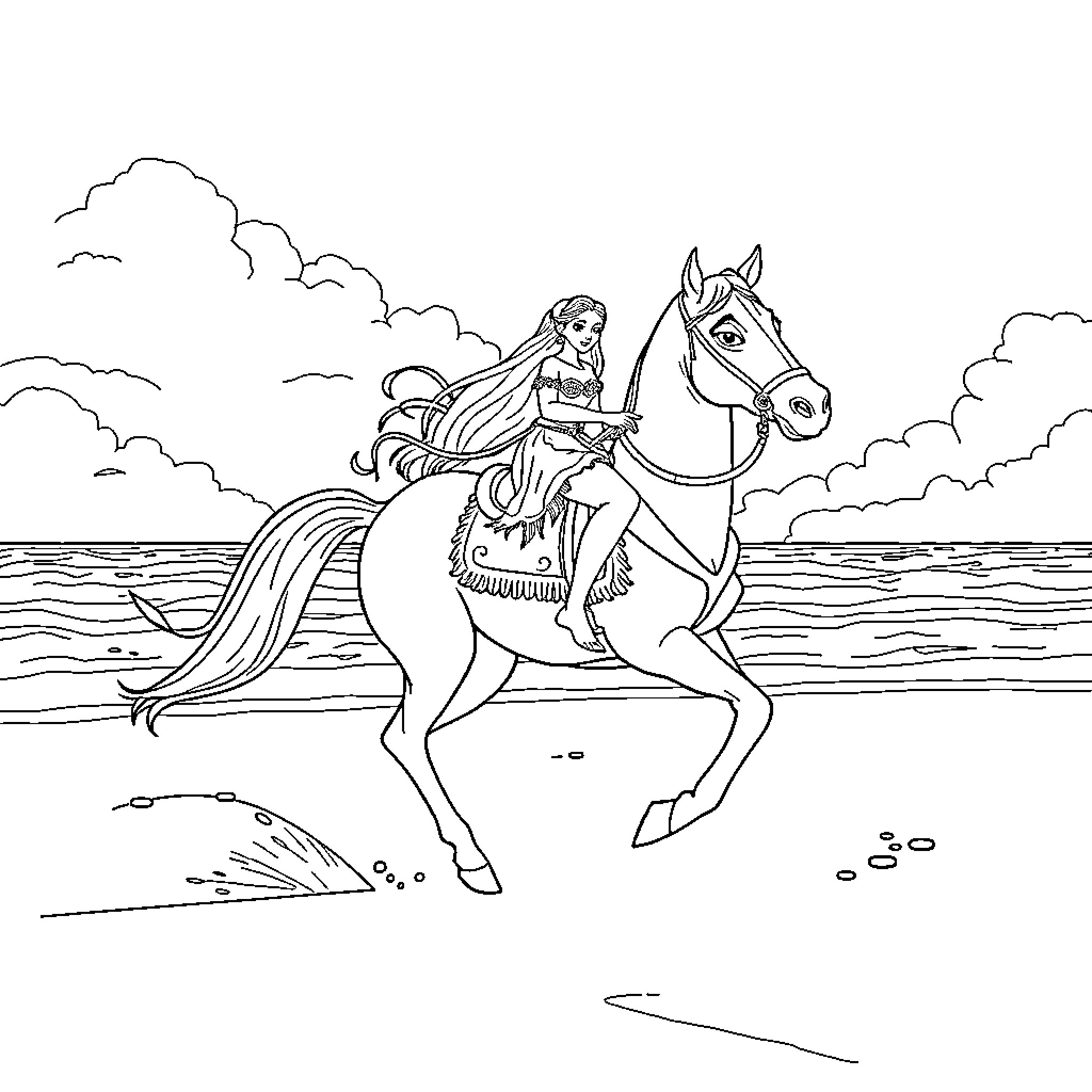 Vaiana riding a horse along the beach Coloring Page (free black-and-white line drawing printable PDF for all, from beginners to advanced learners, including children, teens, adults, and seniors)