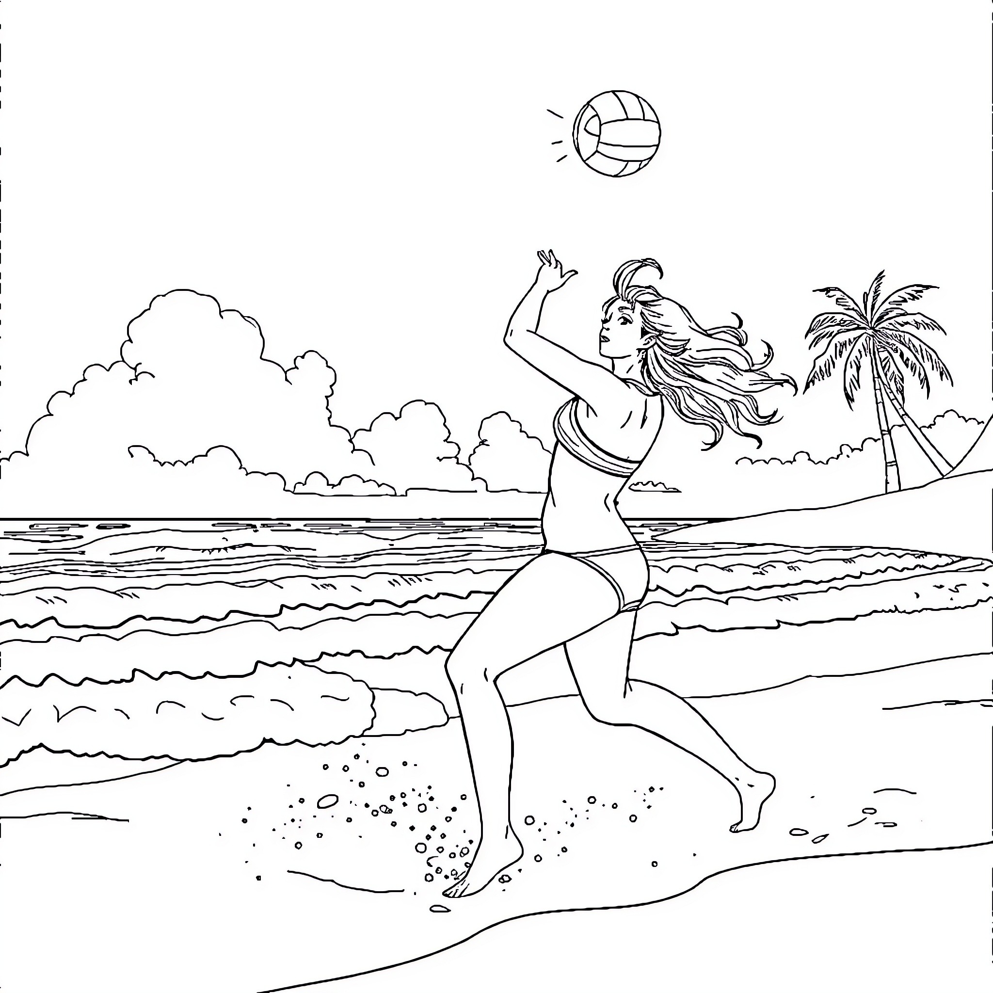 Asuka Langley Soryu playing volleyball on the beach Coloring Page (free black-and-white line drawing printable PDF for all, from beginners to advanced learners, including children, teens, adults, and seniors)