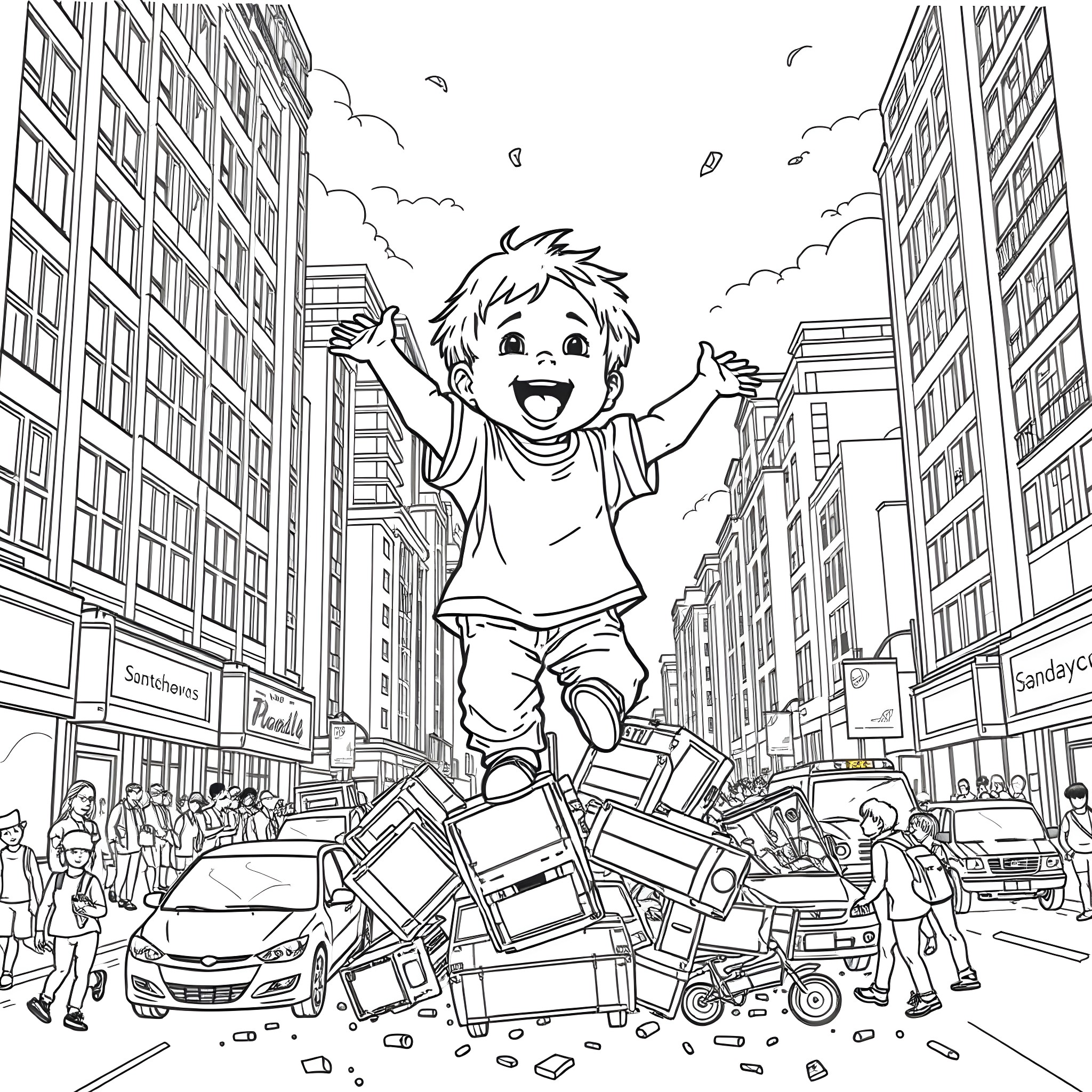 Toddler joyfully playing amidst scattered items on busy city street Coloring Page (free black-and-white line drawing printable PDF for all, from beginners to advanced learners, including children, teens, adults, and seniors)