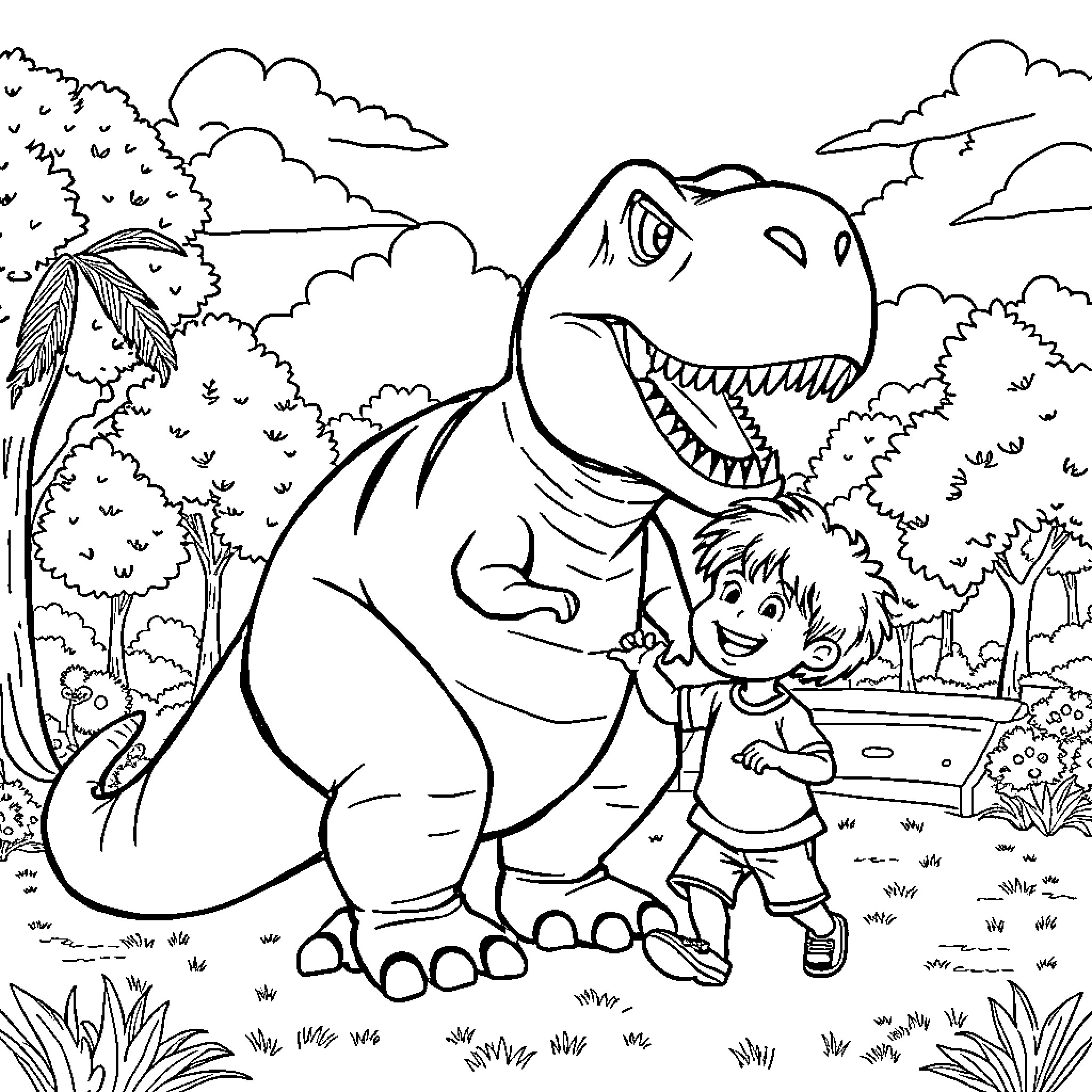 T-Rex and child playing together in the wilderness Coloring Page (free black-and-white line drawing printable PDF for all, from beginners to advanced learners, including children, teens, adults, and seniors)