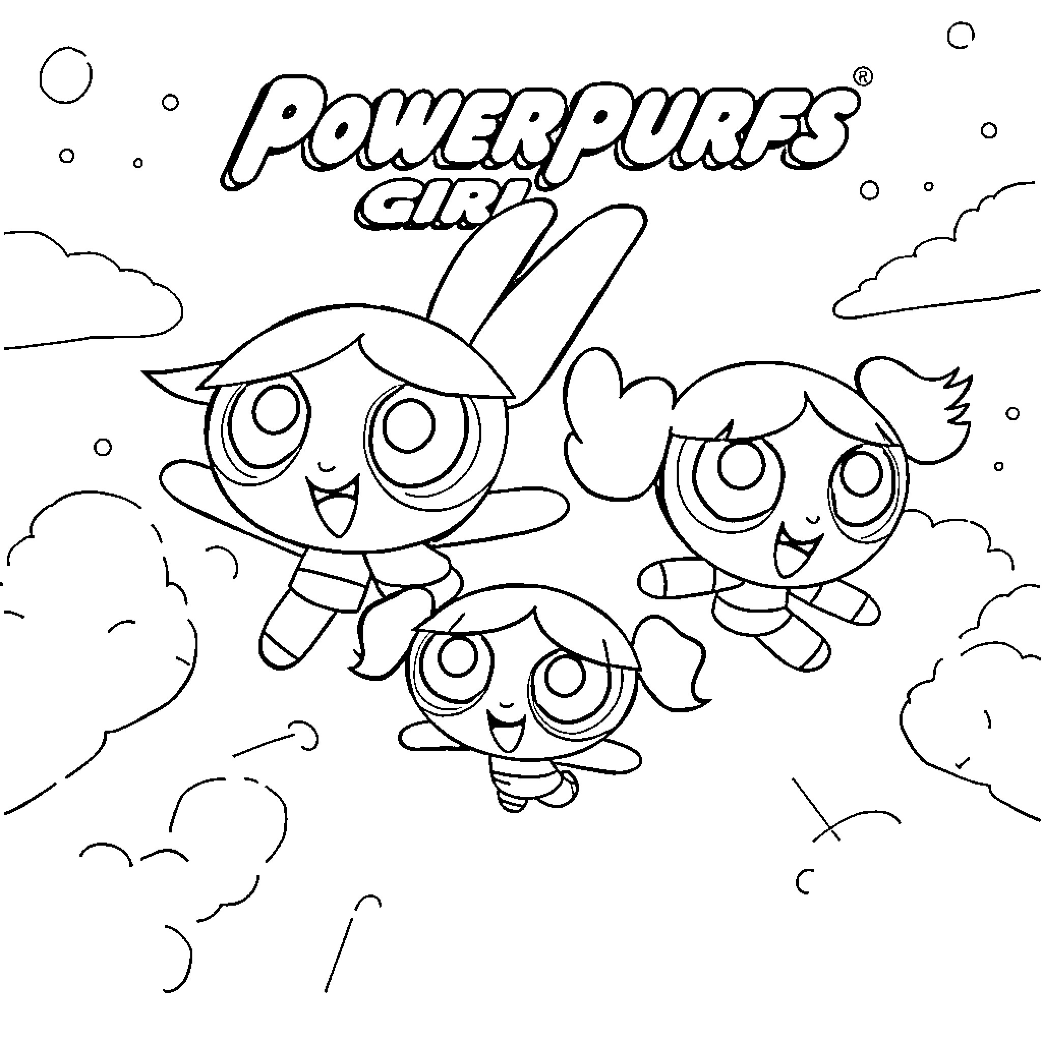 Powerpuff Girls flying playfully in the sky Coloring Page (free black-and-white line drawing printable PDF for all, from beginners to advanced learners, including children, teens, adults, and seniors)