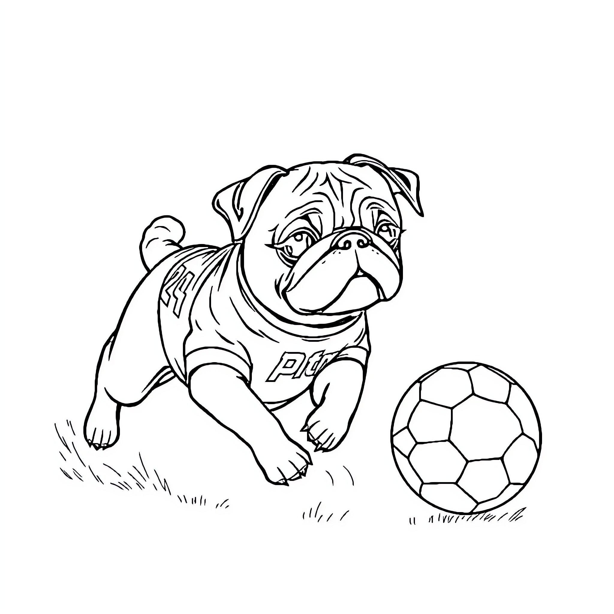 Pug playing with soccer ball on the grass Coloring Page (free black-and-white line drawing printable PDF for all, from beginners to advanced learners, including children, teens, adults, and seniors)