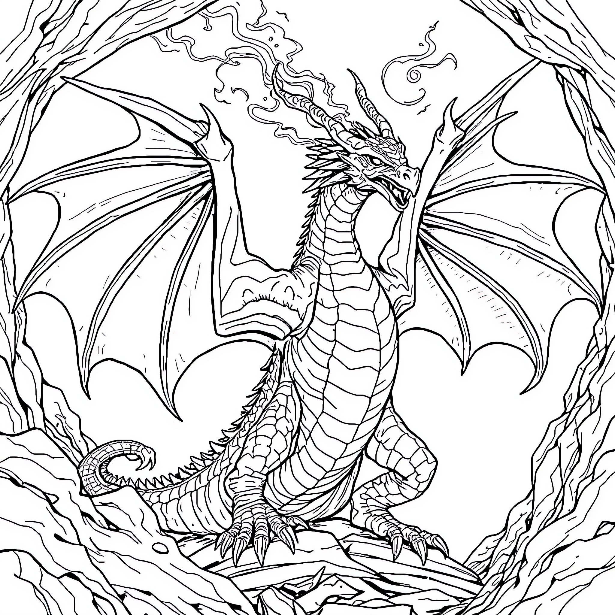 Dragon breathing fire in a mystical forest Coloring Page (free black-and-white line drawing printable PDF for all, from beginners to advanced learners, including children, teens, adults, and seniors)