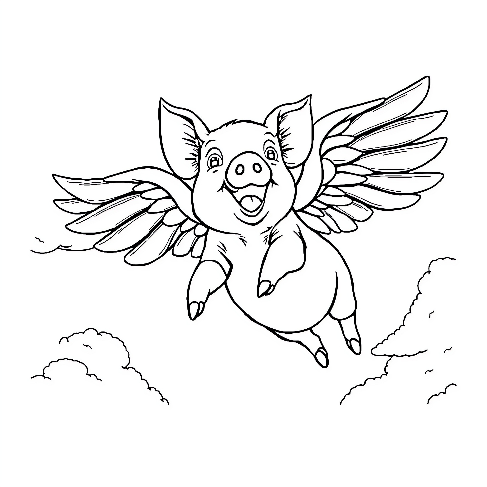 Pig flying joyfully in the clouds Coloring Page (free black-and-white line drawing printable PDF for all, from beginners to advanced learners, including children, teens, adults, and seniors)