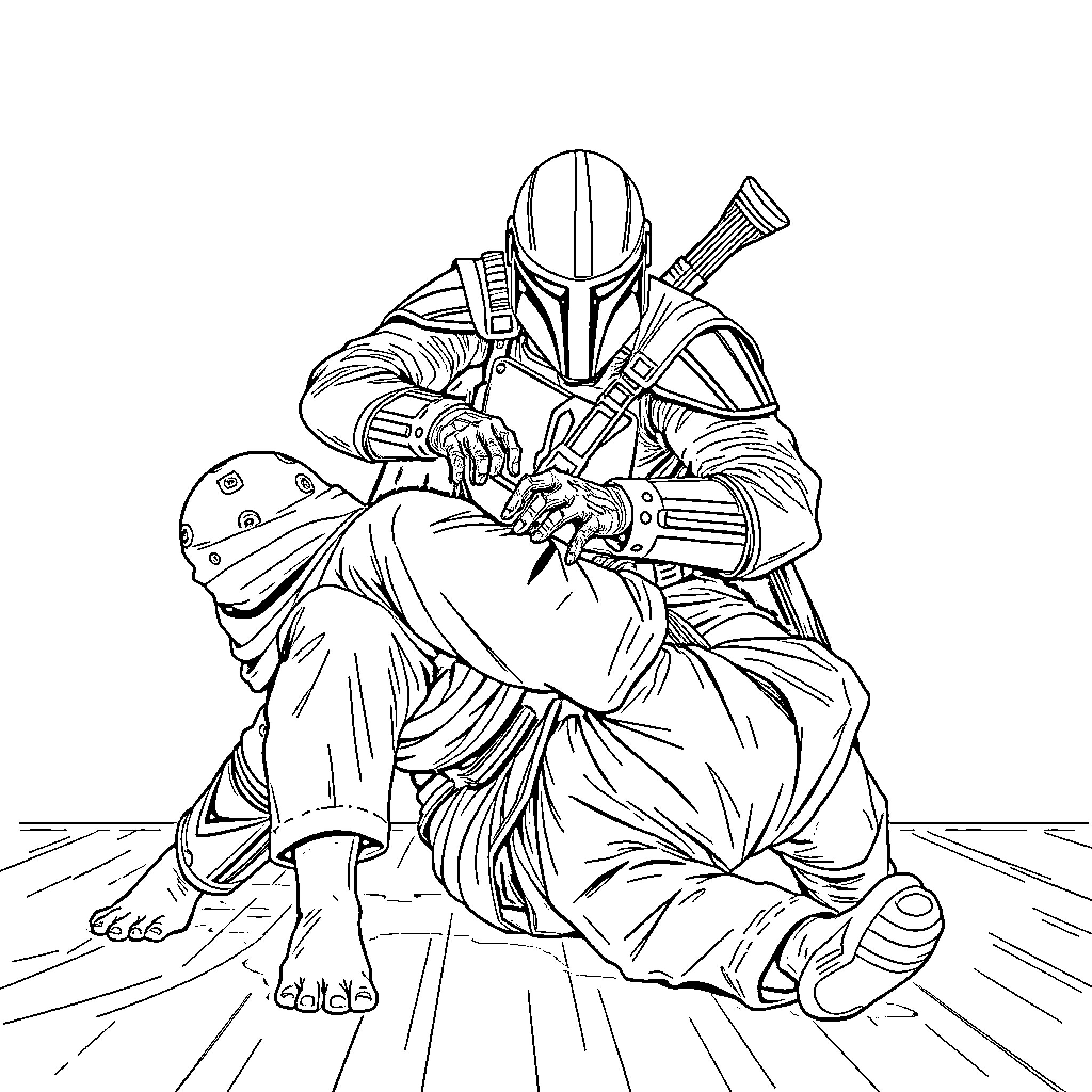 Mandalorian mercenary on the move with blaster rifle Coloring Page (free black-and-white line drawing printable PDF for all, from beginners to advanced learners, including children, teens, adults, and seniors)