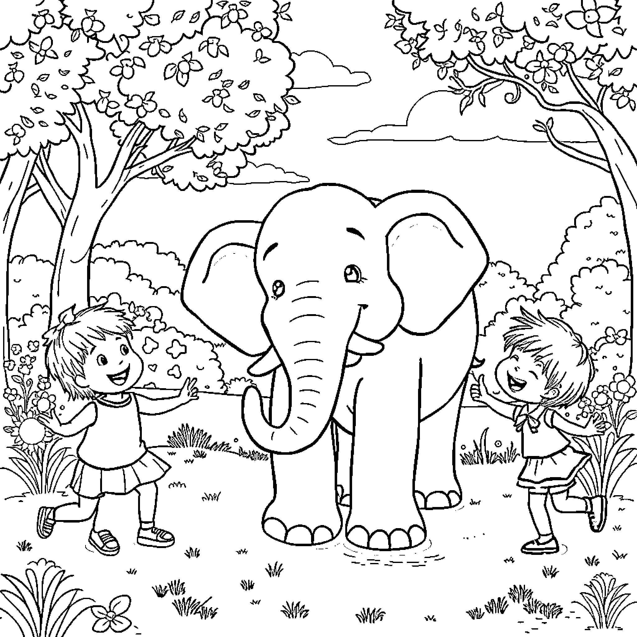 Elephant interacting with children in a natural setting Coloring Page (free black-and-white line drawing printable PDF for all, from beginners to advanced learners, including children, teens, adults, and seniors)