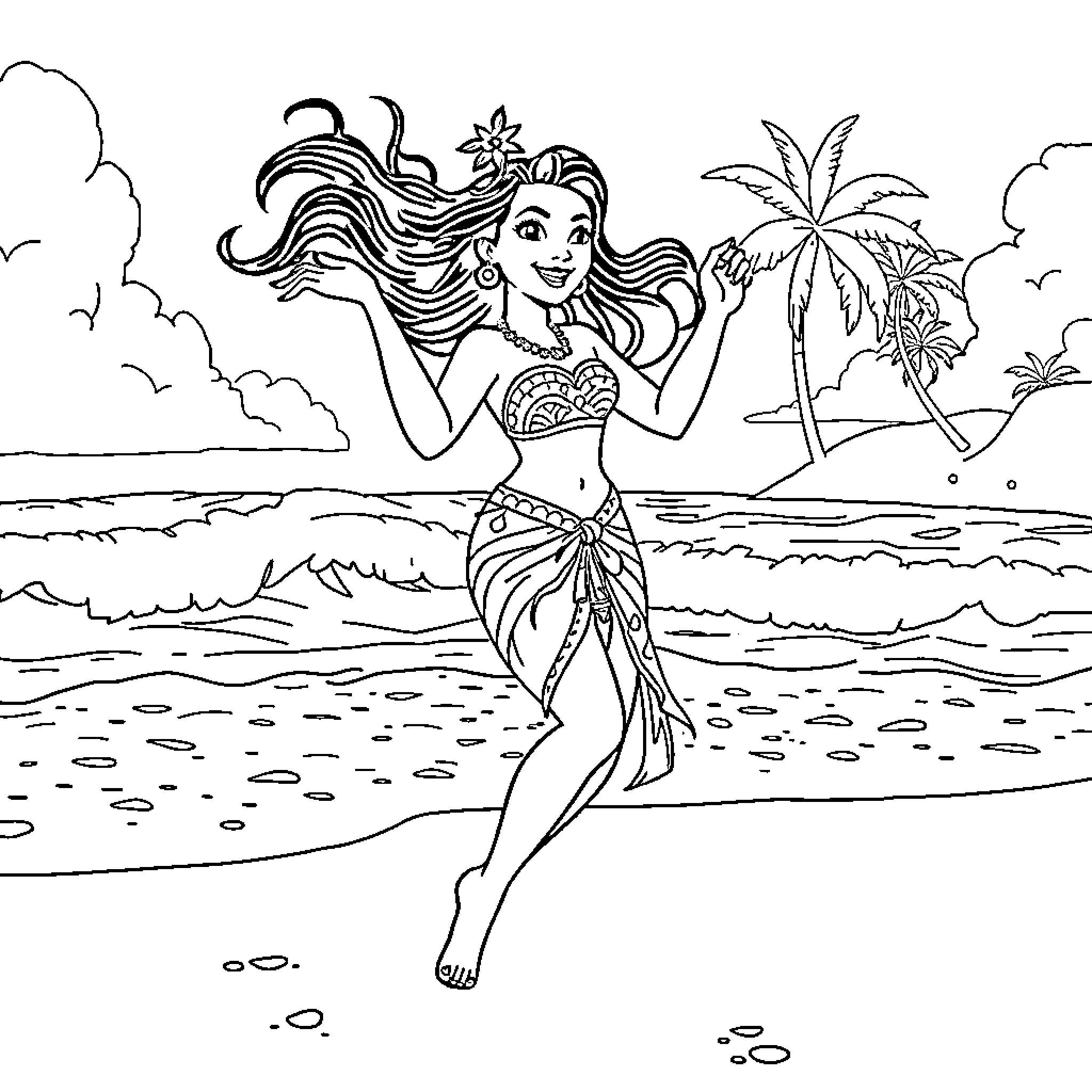 Vaiana dancing joyfully on a tropical beach Coloring Page (free black-and-white line drawing printable PDF for all, from beginners to advanced learners, including children, teens, adults, and seniors)