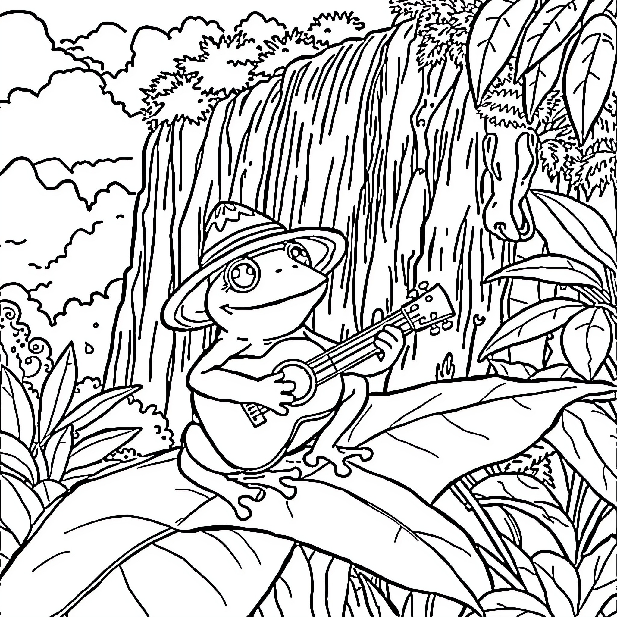 Coqui Frog playing guitar in the jungle Coloring Page (free black-and-white line drawing printable PDF for all, from beginners to advanced learners, including children, teens, adults, and seniors)