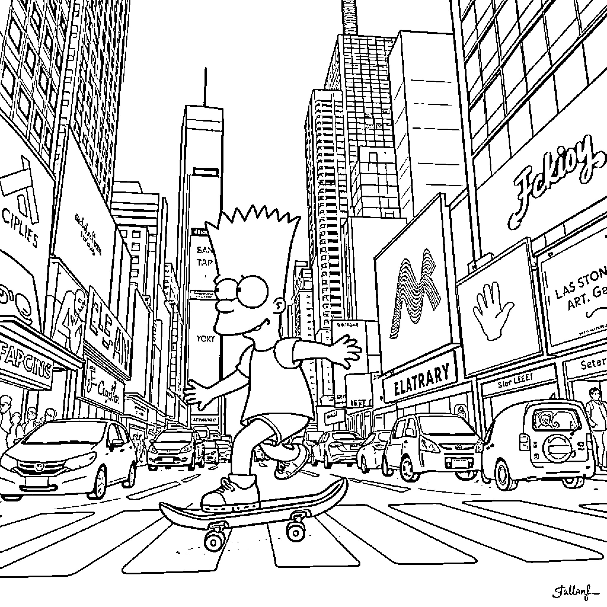 Bart Simpson skateboarding through a bustling city scene Coloring Page (free black-and-white line drawing printable PDF for all, from beginners to advanced learners, including children, teens, adults, and seniors)