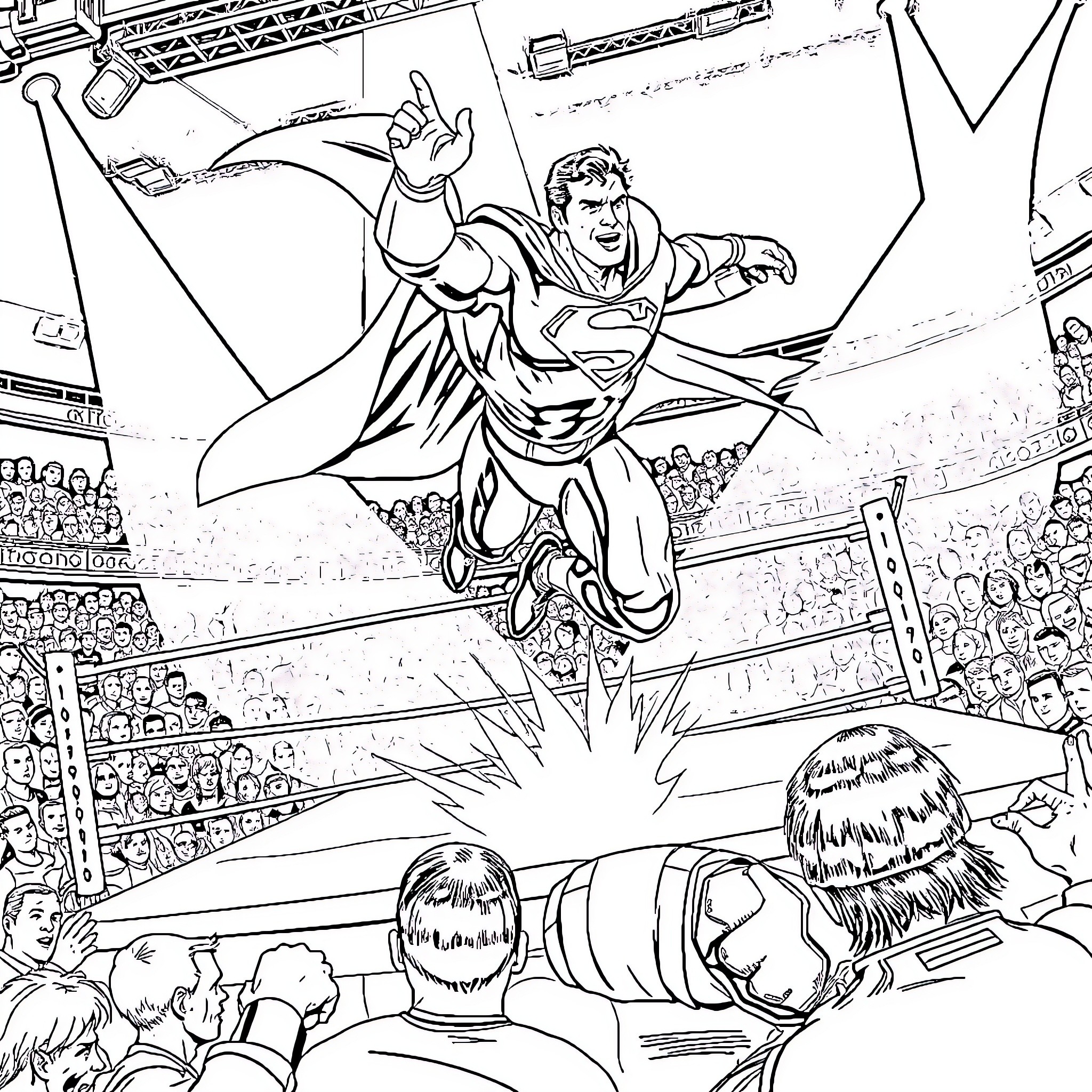 Superman Heroically Leaping into Action in a Crowded Arena Coloring Page (free black-and-white line drawing printable PDF for all, from beginners to advanced learners, including children, teens, adults, and seniors)