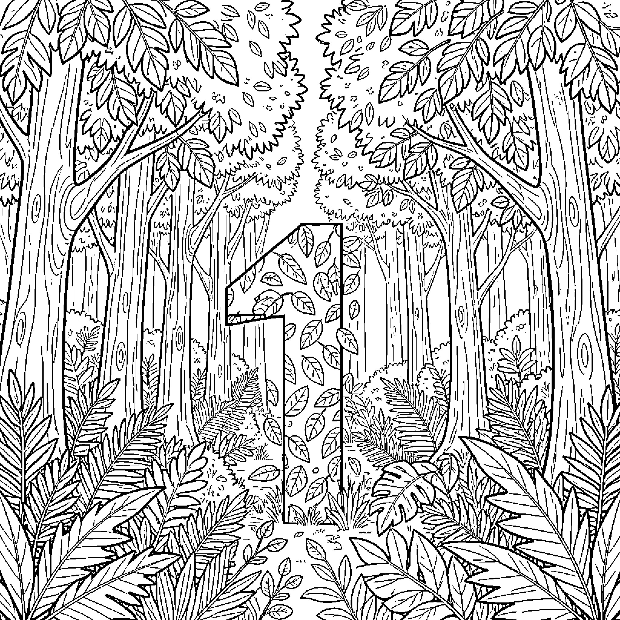 Selva - Exploring the Enchanting Forest Coloring Page (free black-and-white line drawing printable PDF for all, from beginners to advanced learners, including children, teens, adults, and seniors)