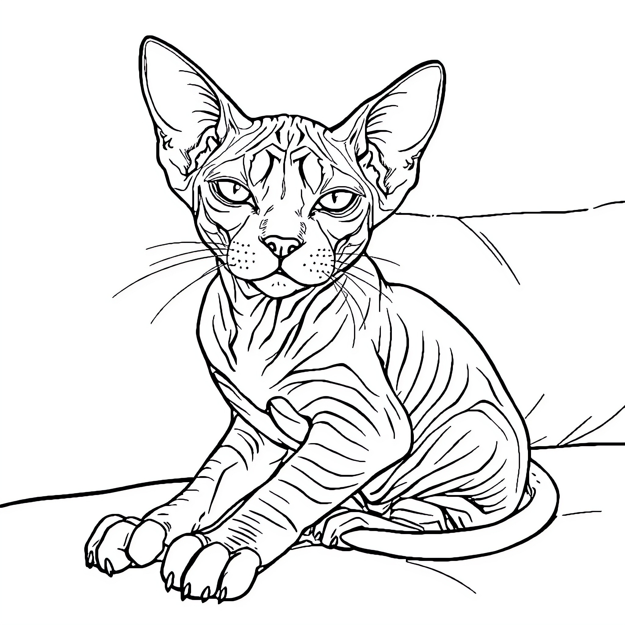 Cat with distinct facial features sitting calmly Coloring Page (free black-and-white line drawing printable PDF for all, from beginners to advanced learners, including children, teens, adults, and seniors)