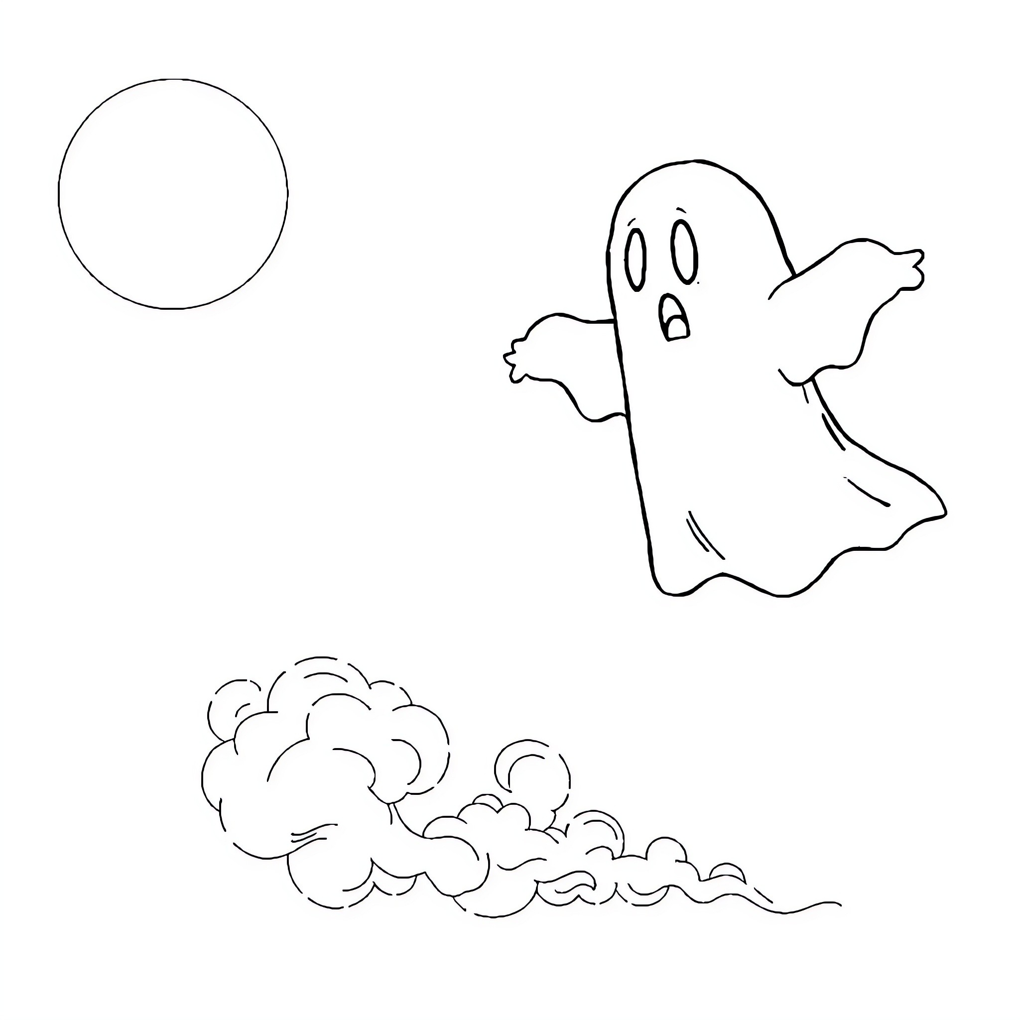 Ghost playing in a spooky scene Coloring Page (free black-and-white line drawing printable PDF for all, from beginners to advanced learners, including children, teens, adults, and seniors)