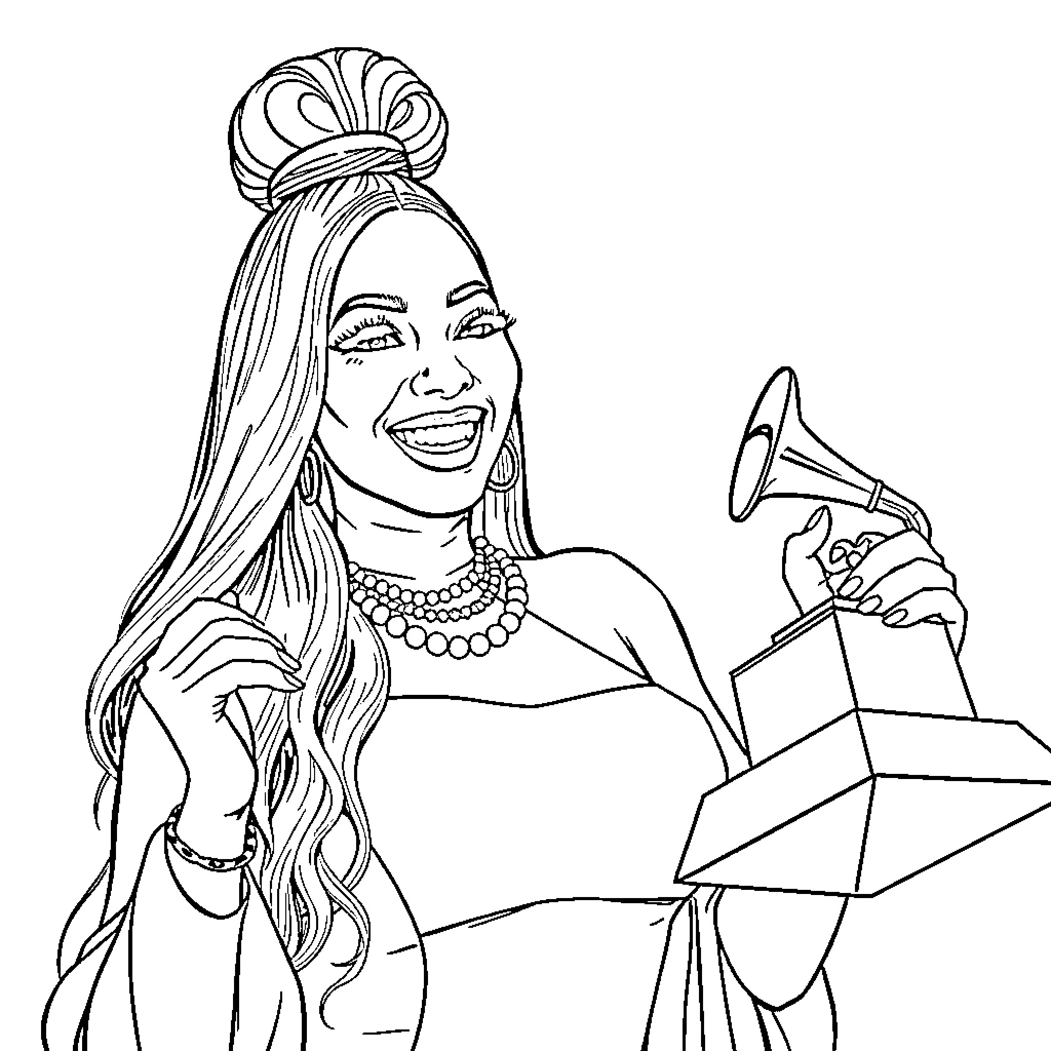 Nicki Minaj celebrating with a gramophone Coloring Page (free black-and-white line drawing printable PDF for all, from beginners to advanced learners, including children, teens, adults, and seniors)