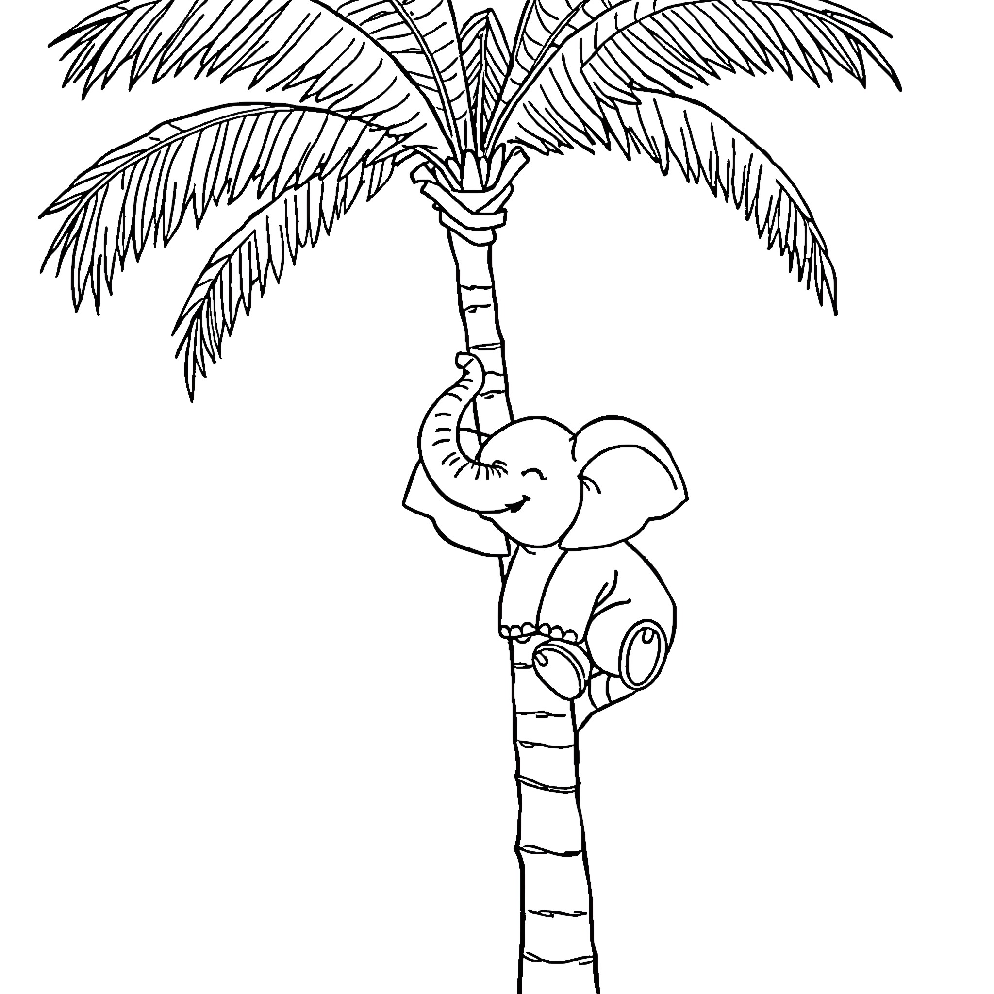 Elephant climbing up a palm tree Coloring Page (free black-and-white line drawing printable PDF for all, from beginners to advanced learners, including children, teens, adults, and seniors)