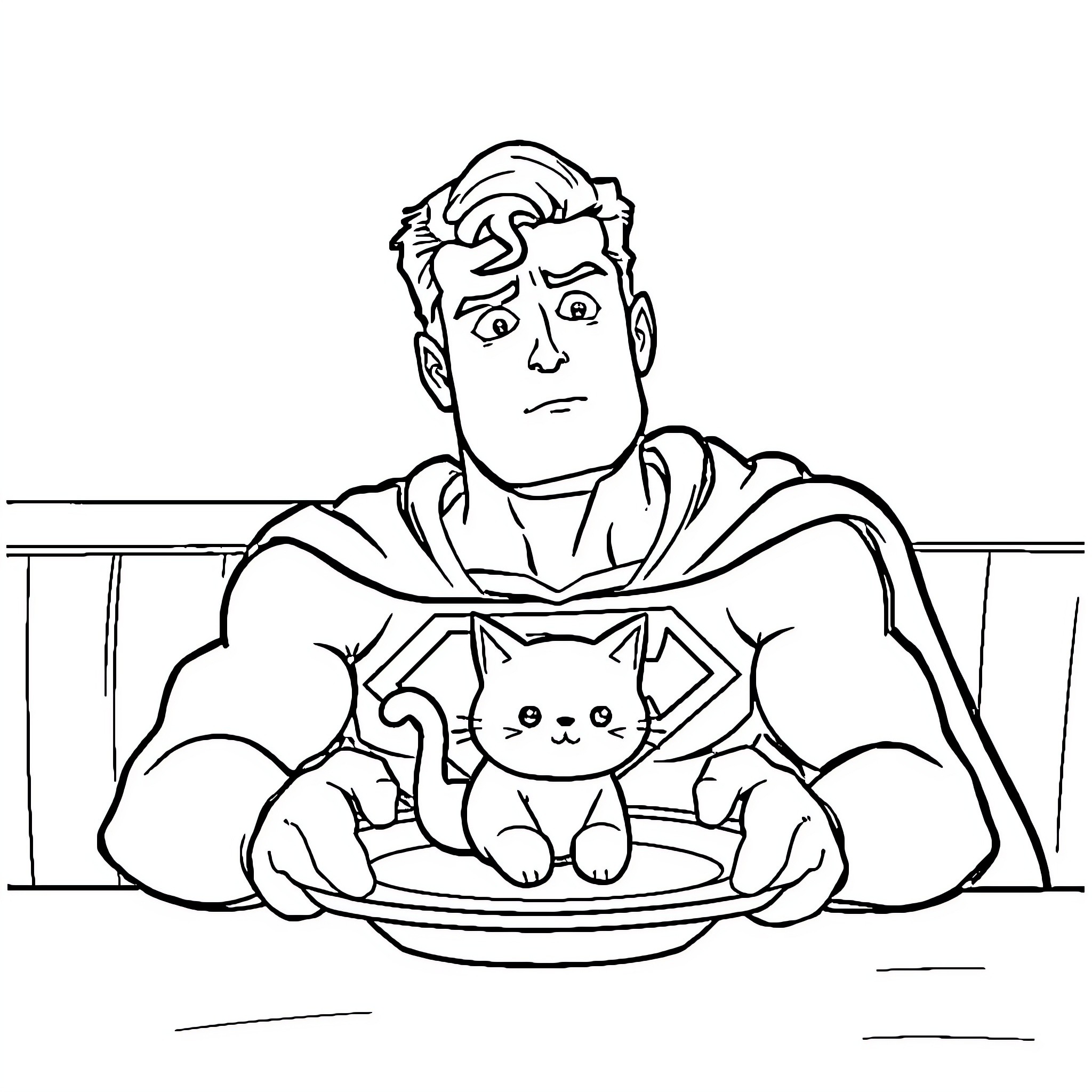 Superman Rescues Adorable Kitten from Distress Coloring Page (free black-and-white line drawing printable PDF for all, from beginners to advanced learners, including children, teens, adults, and seniors)