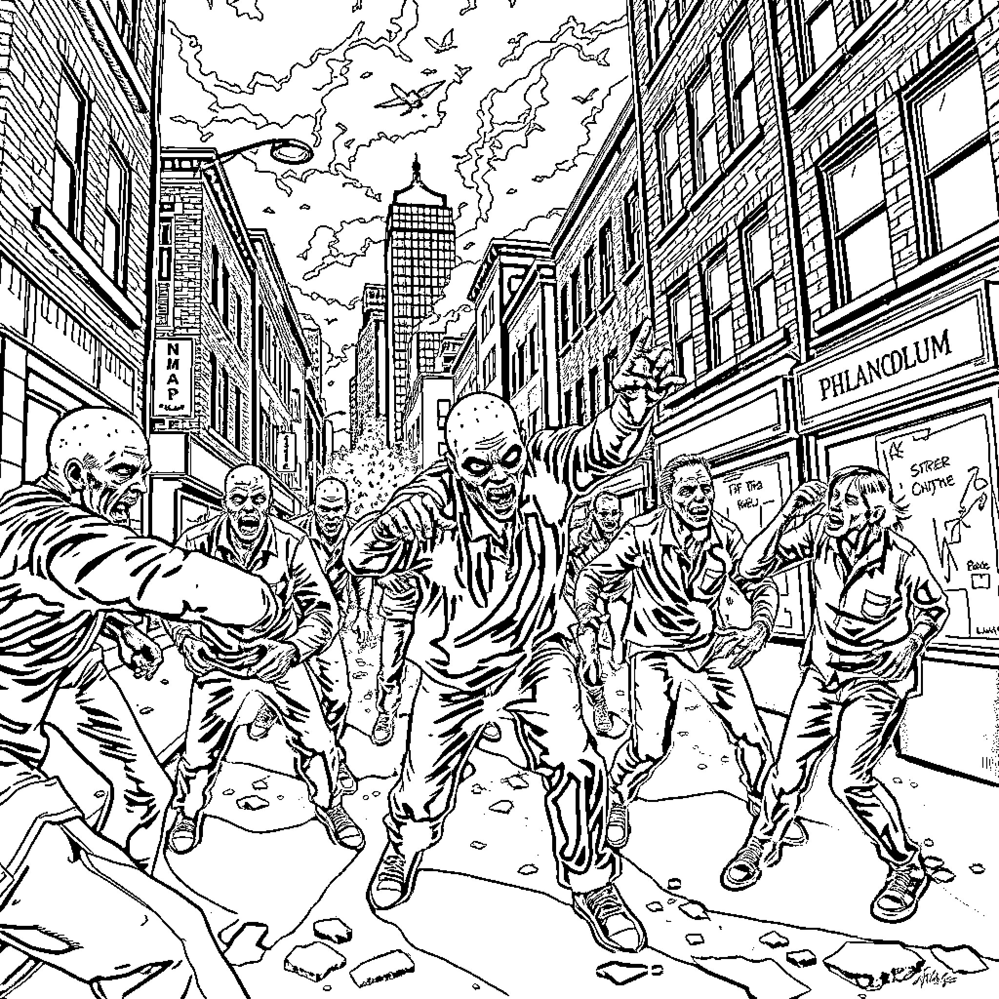 Zombie Invasion in the City Streets Coloring Page (free black-and-white line drawing printable PDF for all, from beginners to advanced learners, including children, teens, adults, and seniors)