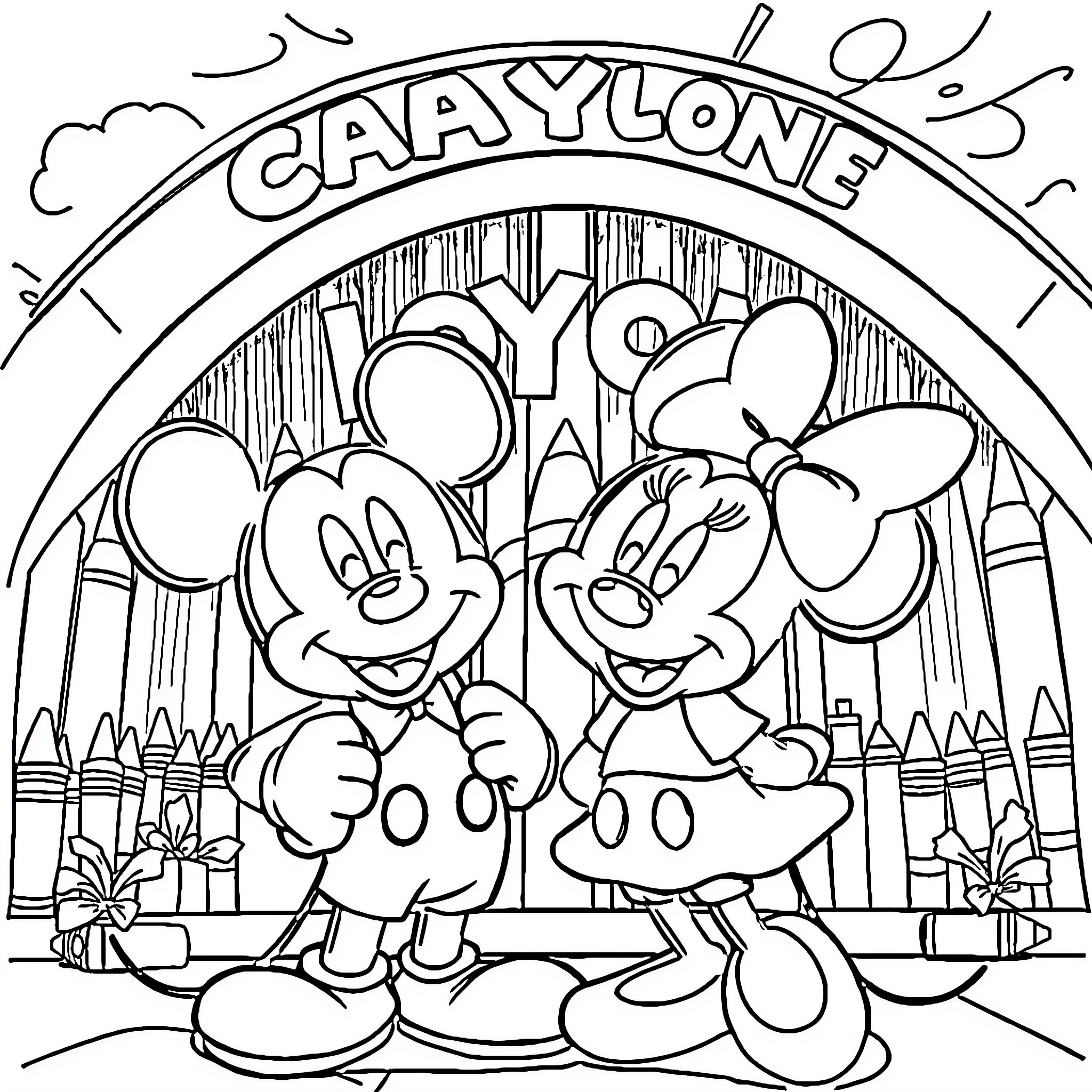 Mickey and Minnie enjoying the Caaytone show Coloring Page (free black-and-white line drawing printable PDF for all, from beginners to advanced learners, including children, teens, adults, and seniors)