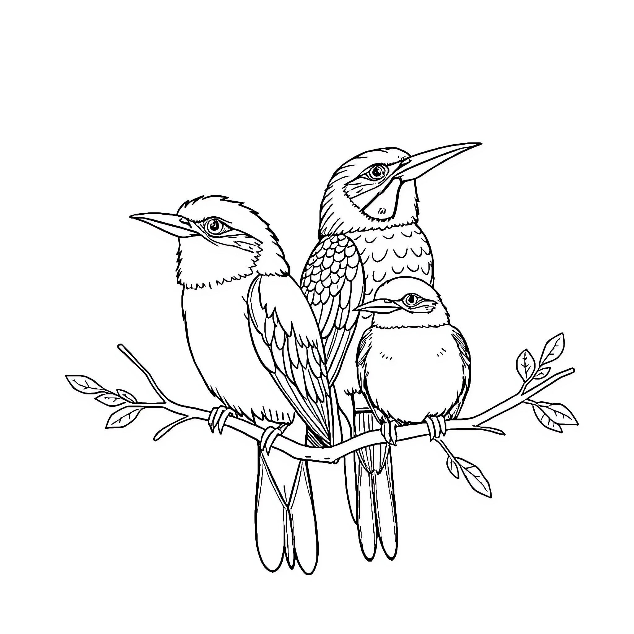 Animal birds perched on branch with detailed feathers Coloring Page (free black-and-white line drawing printable PDF for all, from beginners to advanced learners, including children, teens, adults, and seniors)