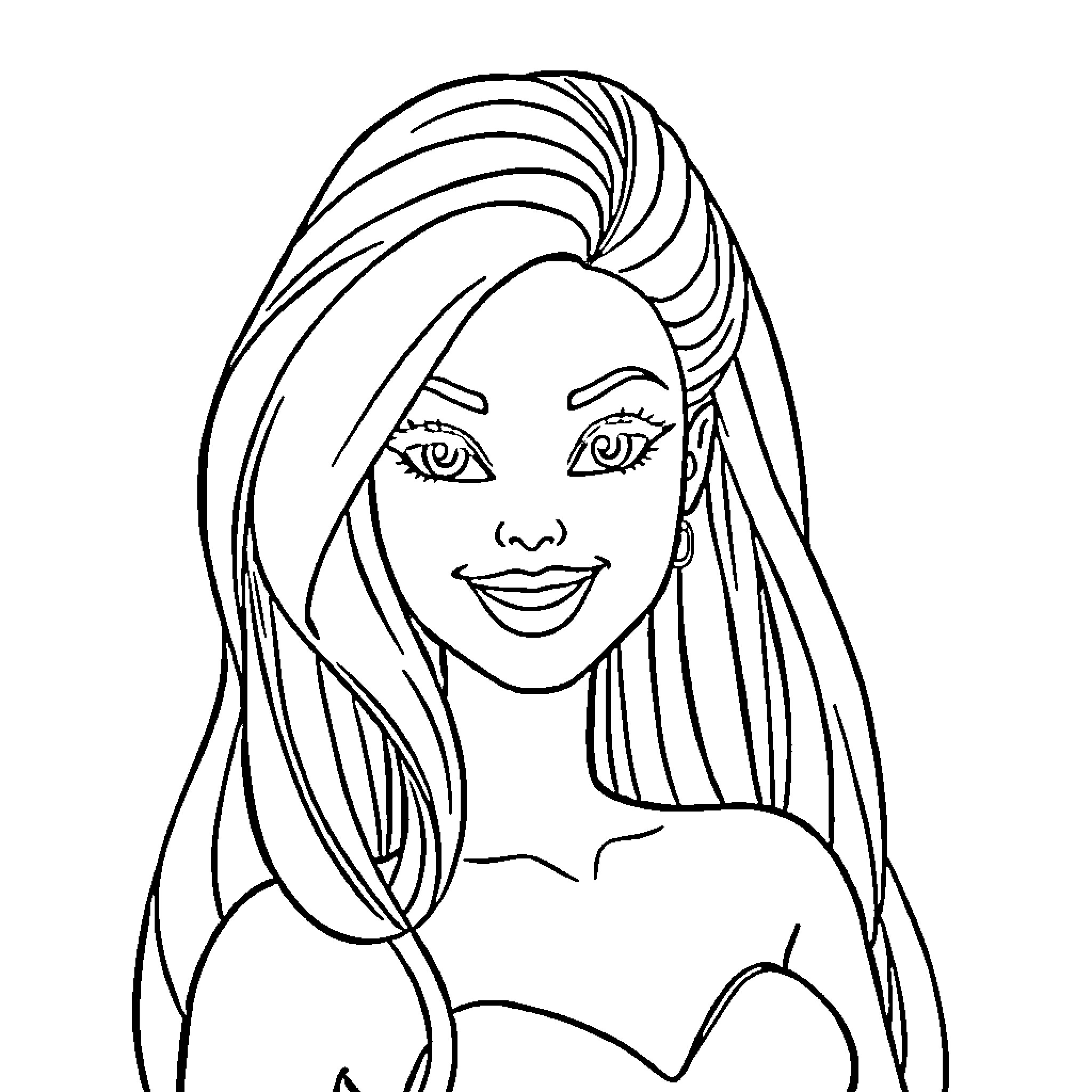 Barbie posing confidently with stylish hairstyle Coloring Page (free black-and-white line drawing printable PDF for all, from beginners to advanced learners, including children, teens, adults, and seniors)