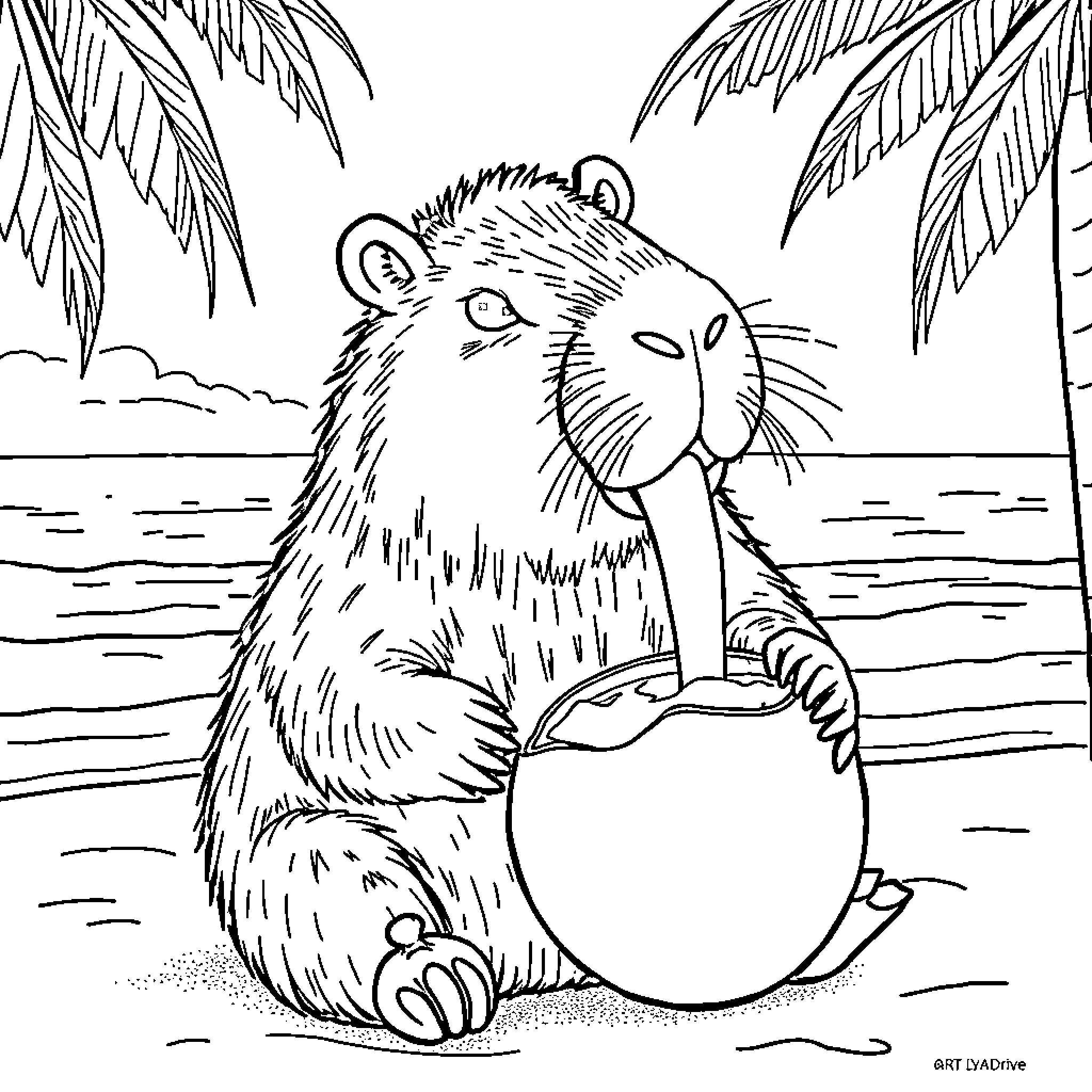 Capybara enjoying a coconut on the beach Coloring Page (free black-and-white line drawing printable PDF for all, from beginners to advanced learners, including children, teens, adults, and seniors)