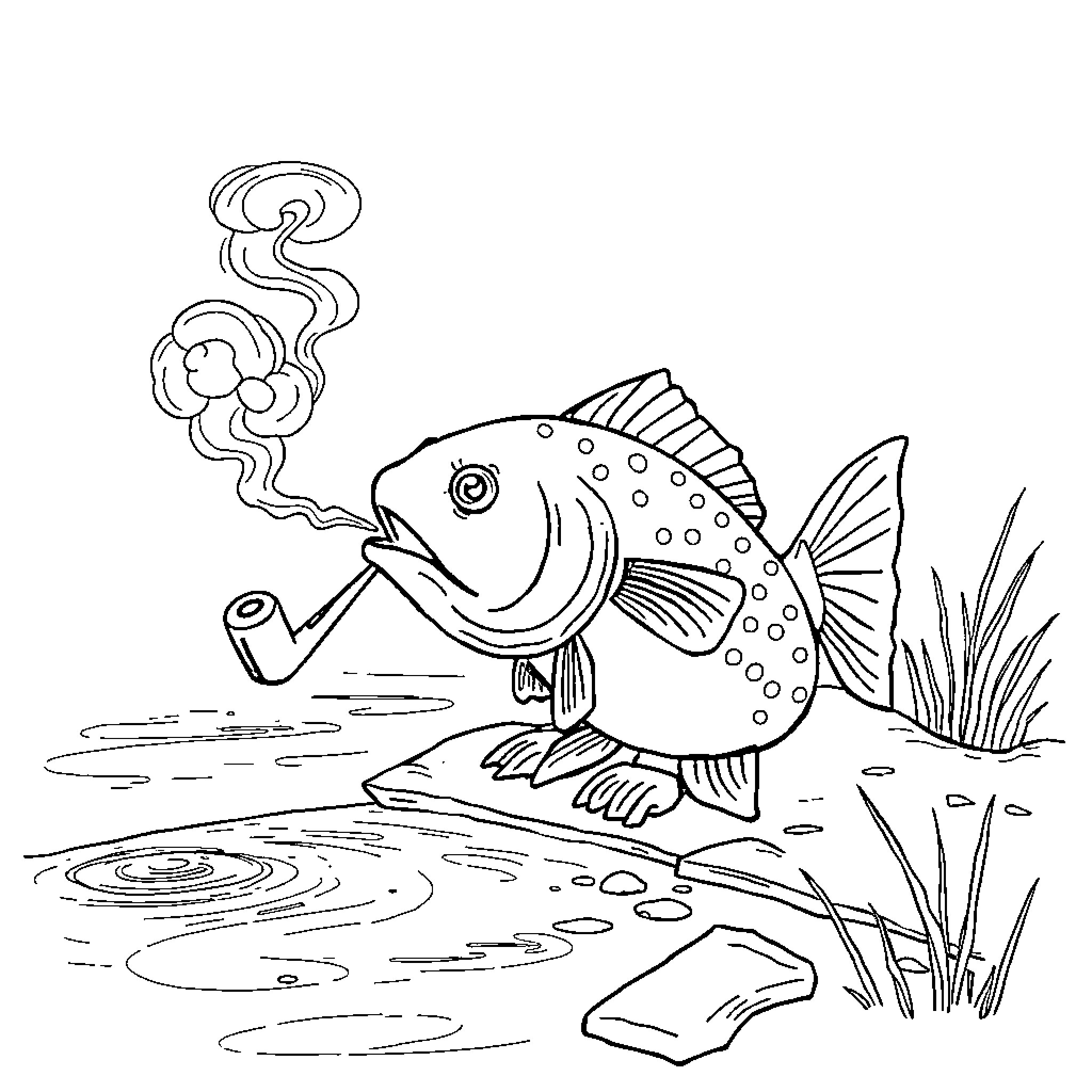 Catfish smoking a pipe by the pond Coloring Page (free black-and-white line drawing printable PDF for all, from beginners to advanced learners, including children, teens, adults, and seniors)