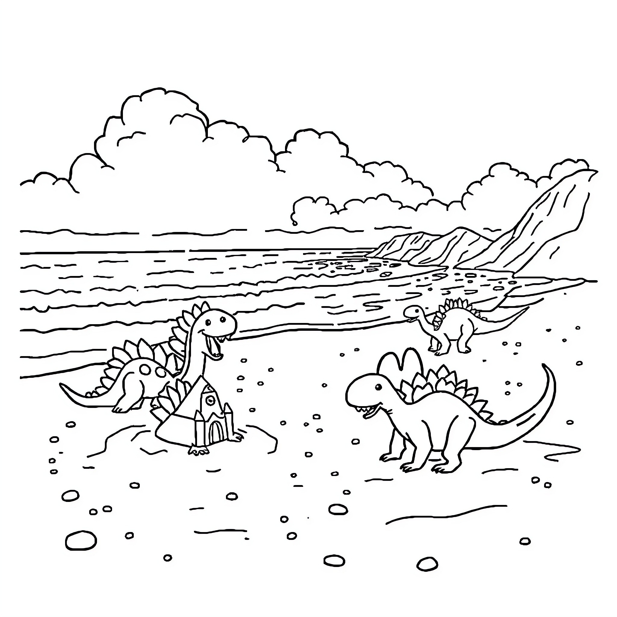 Dinos playing on the prehistoric beach Coloring Page (free black-and-white line drawing printable PDF for all, from beginners to advanced learners, including children, teens, adults, and seniors)