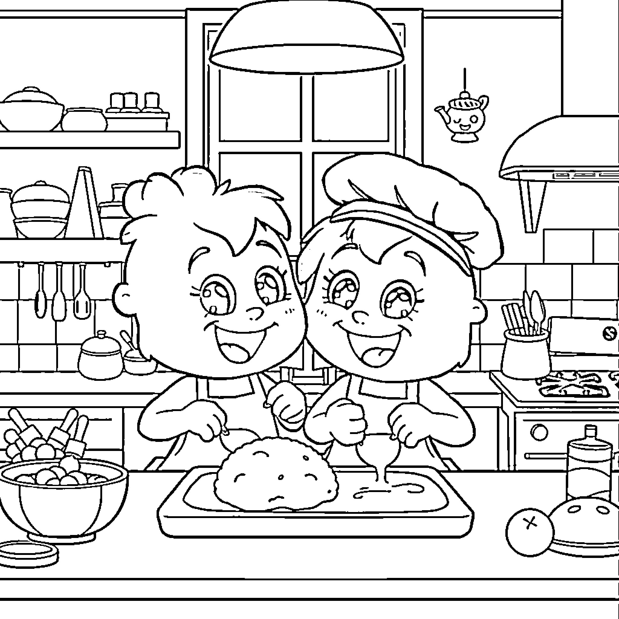 Bluey's Cooking Adventure in the Kitchen Coloring Page (free black-and-white line drawing printable PDF for all, from beginners to advanced learners, including children, teens, adults, and seniors)