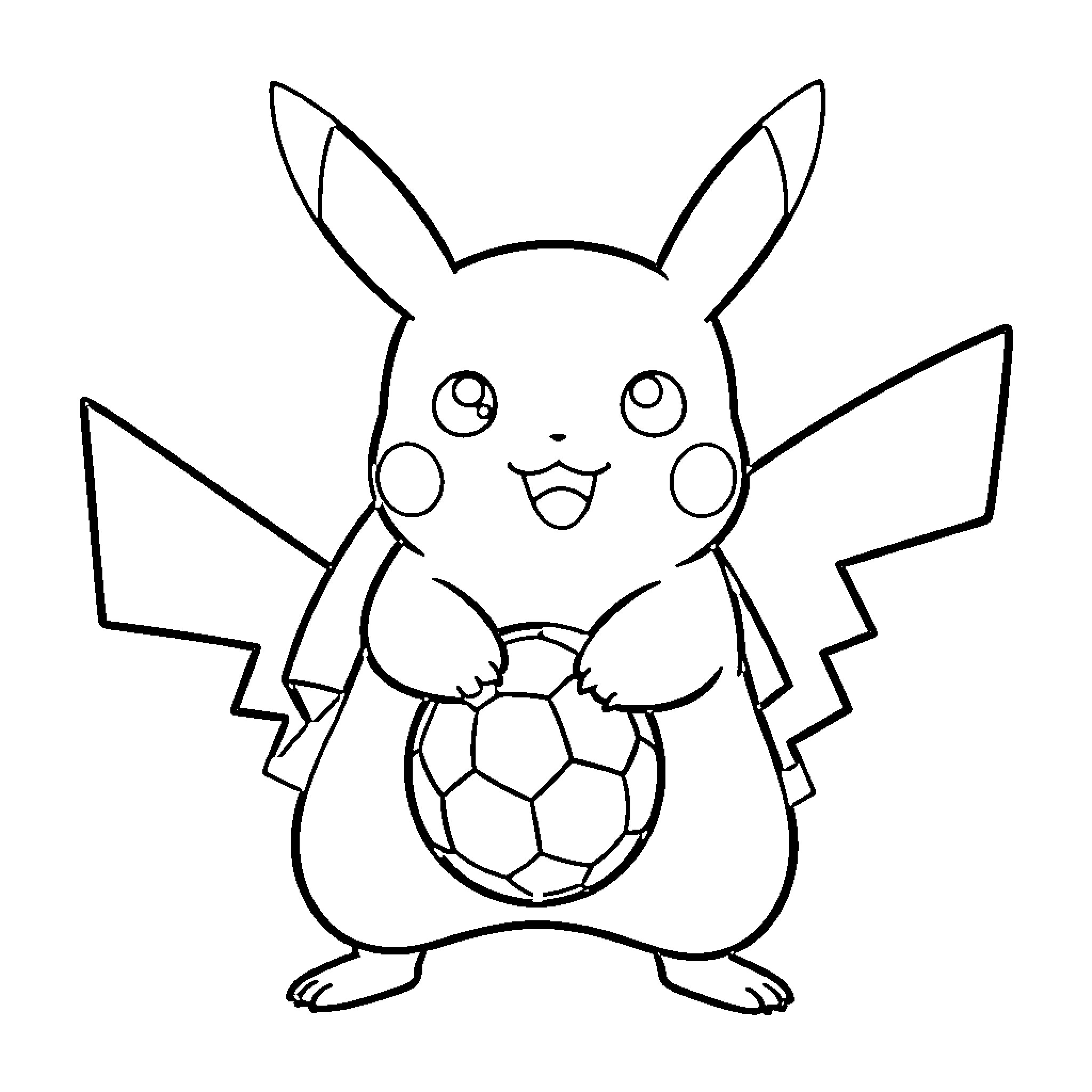 Pikachu smiling while holding a soccer ball Coloring Page (free black-and-white line drawing printable PDF for all, from beginners to advanced learners, including children, teens, adults, and seniors)