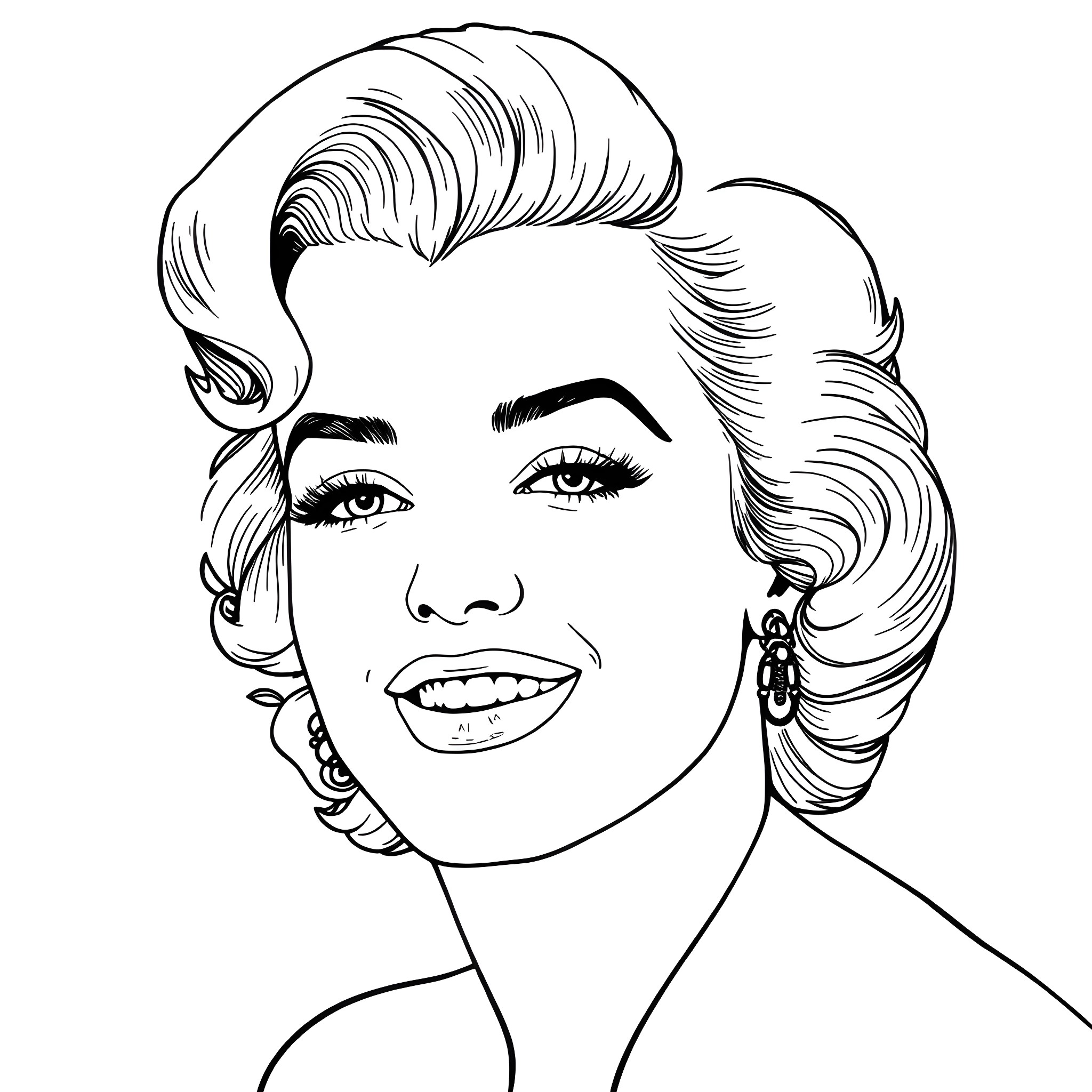 Marilyn Monroe's Iconic Smile and Glamorous Look Coloring Page (free black-and-white line drawing printable PDF for all, from beginners to advanced learners, including children, teens, adults, and seniors)