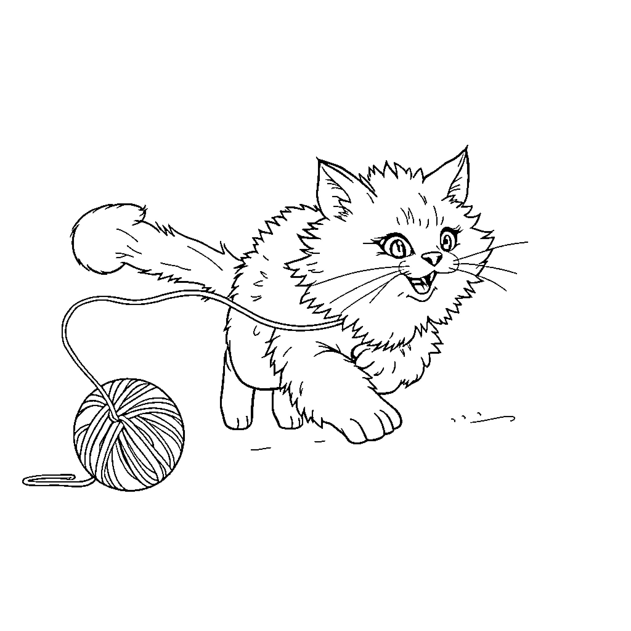 Cat playing with yarn in black and white Coloring Page (free black-and-white line drawing printable PDF for all, from beginners to advanced learners, including children, teens, adults, and seniors)