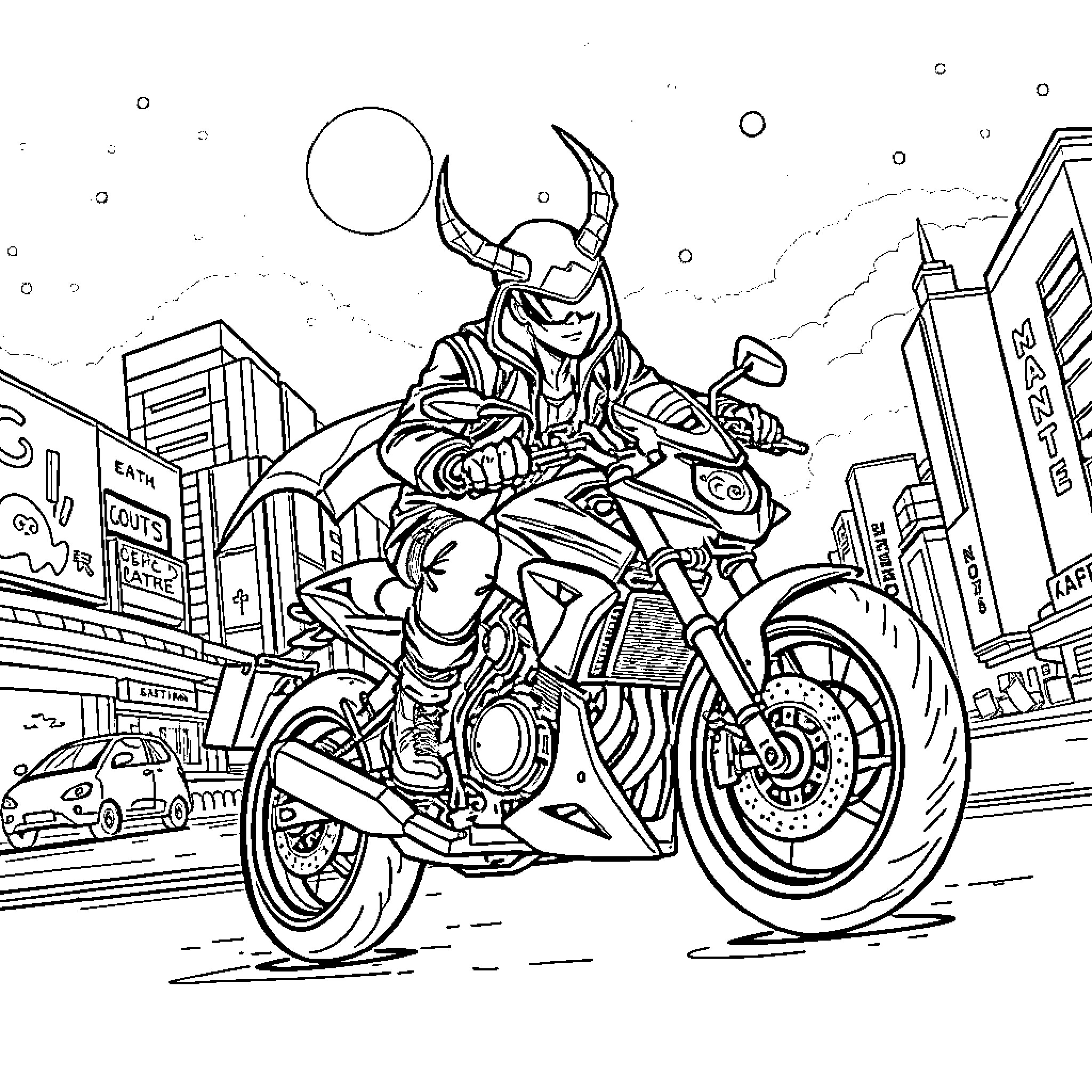 Demon Hunter on Motorcycle in the City Coloring Page (free black-and-white line drawing printable PDF for all, from beginners to advanced learners, including children, teens, adults, and seniors)