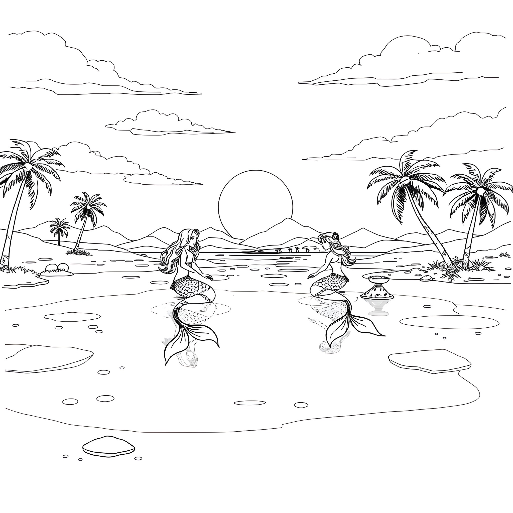 Mermaid's Enchanting Seascape Coloring Page (free black-and-white line drawing printable PDF for all, from beginners to advanced learners, including children, teens, adults, and seniors)