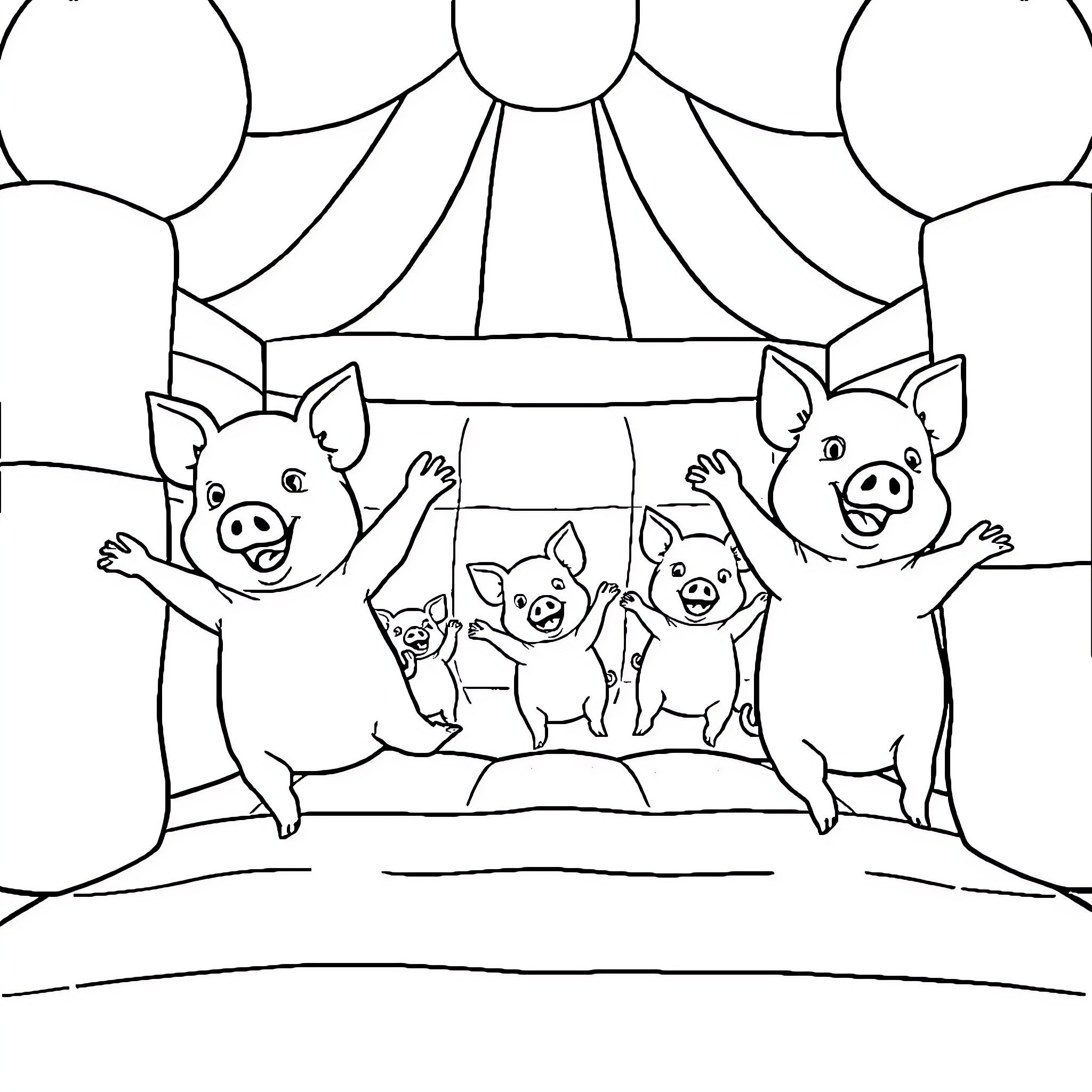 Pigs performing in a circus tent Coloring Page (free black-and-white line drawing printable PDF for all, from beginners to advanced learners, including children, teens, adults, and seniors)
