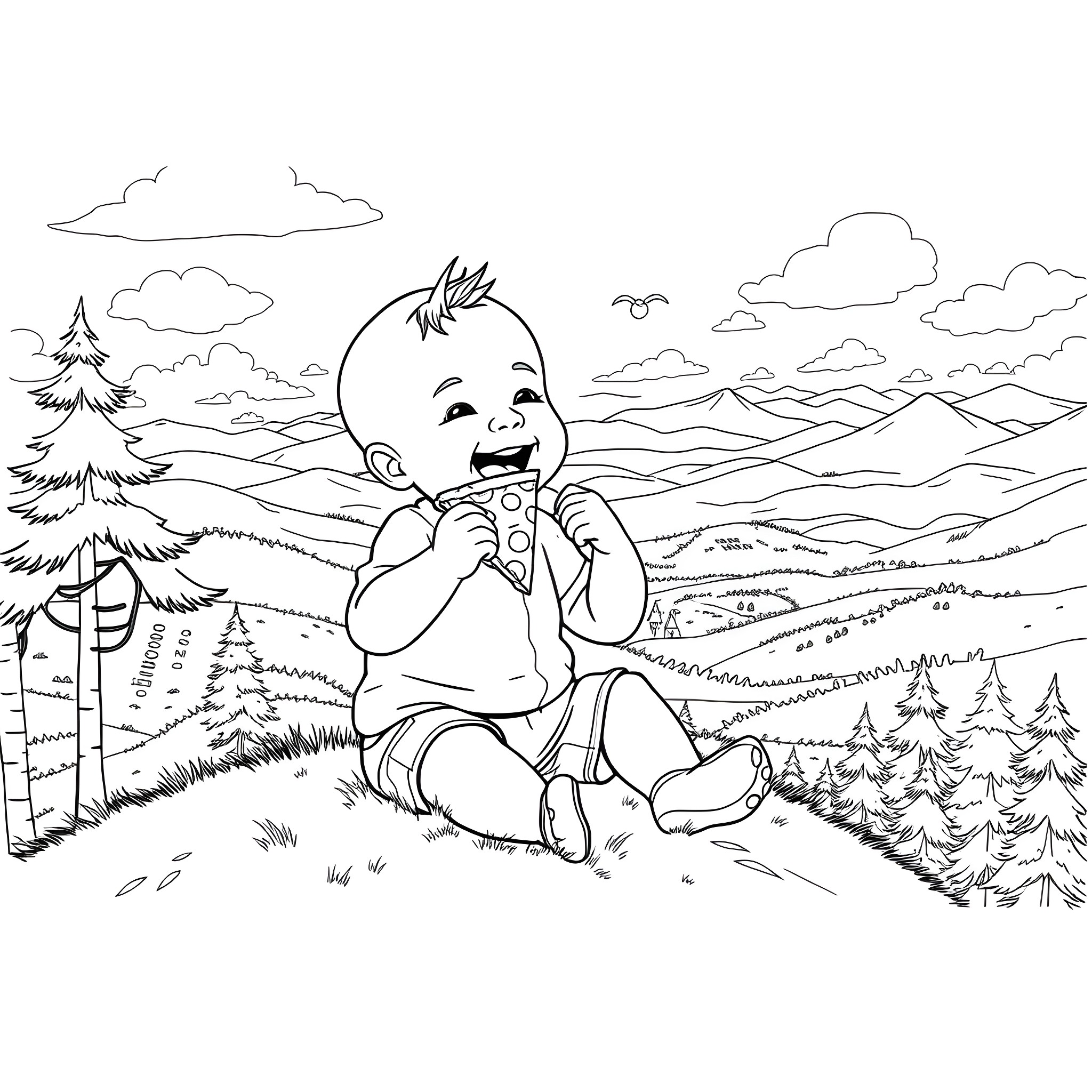 Baby playing happily in the scenic mountain landscape Coloring Page (free black-and-white line drawing printable PDF for all, from beginners to advanced learners, including children, teens, adults, and seniors)