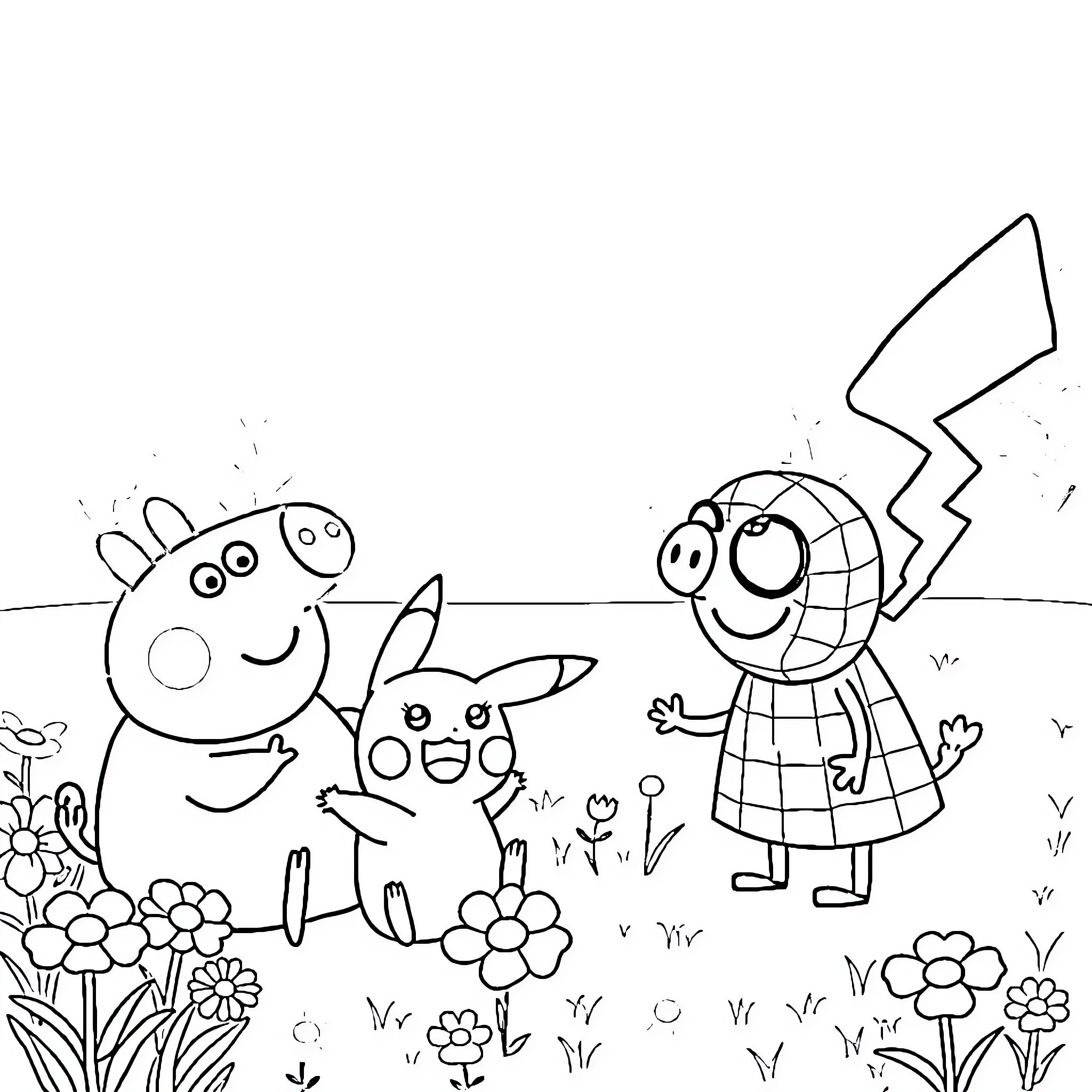 Pikachu and friends explore the garden Coloring Page (free black-and-white line drawing printable PDF for all, from beginners to advanced learners, including children, teens, adults, and seniors)