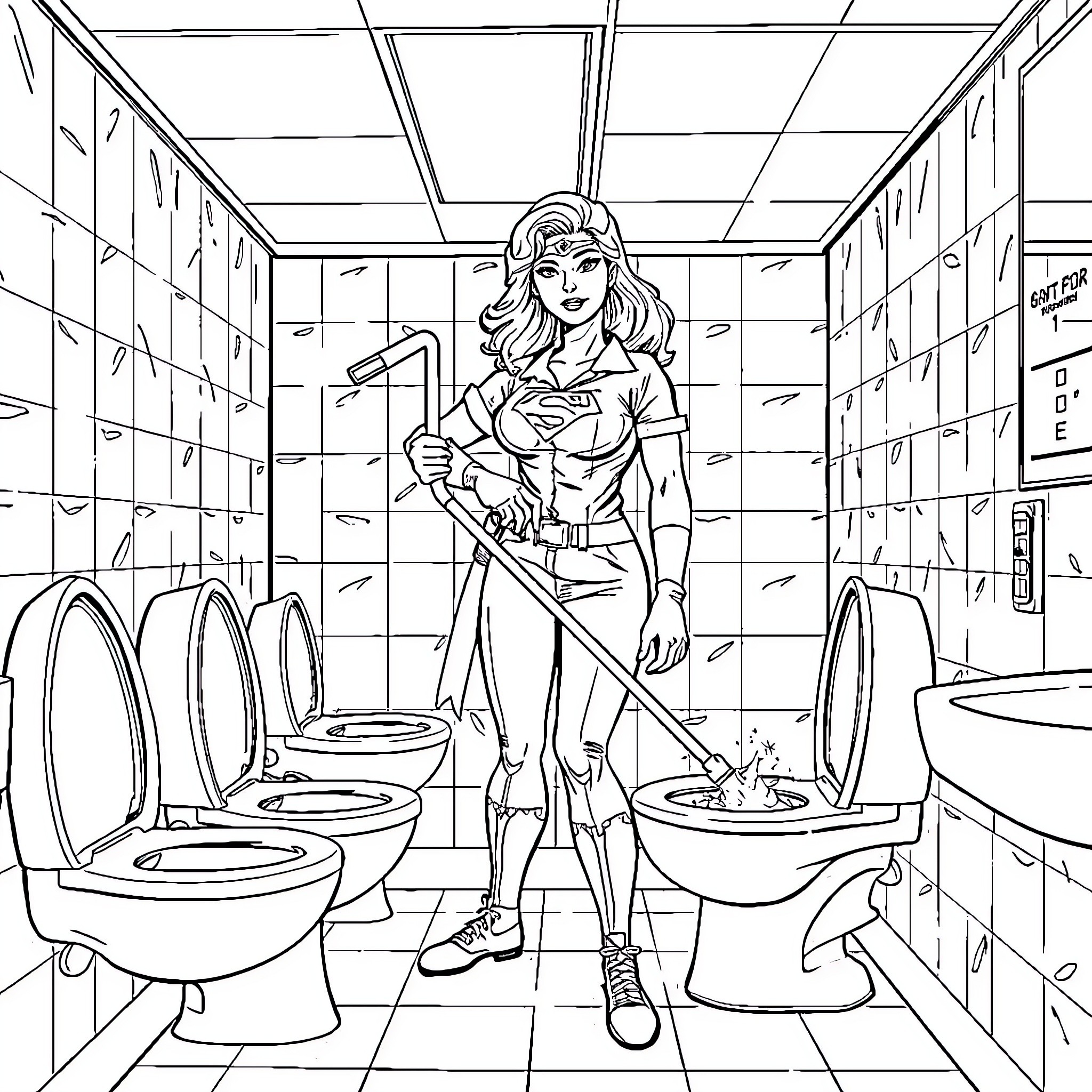 Superwoman Cleans the Public Restroom Coloring Page (free black-and-white line drawing printable PDF for all, from beginners to advanced learners, including children, teens, adults, and seniors)
