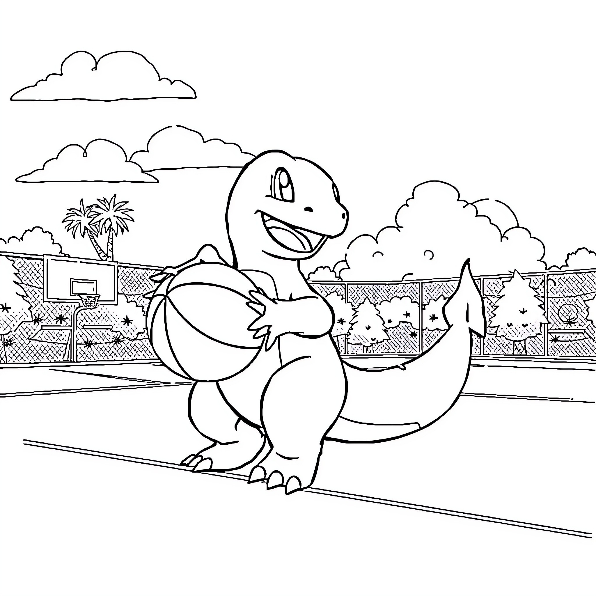 Charmander enjoying a basketball game in the park Coloring Page (free black-and-white line drawing printable PDF for all, from beginners to advanced learners, including children, teens, adults, and seniors)