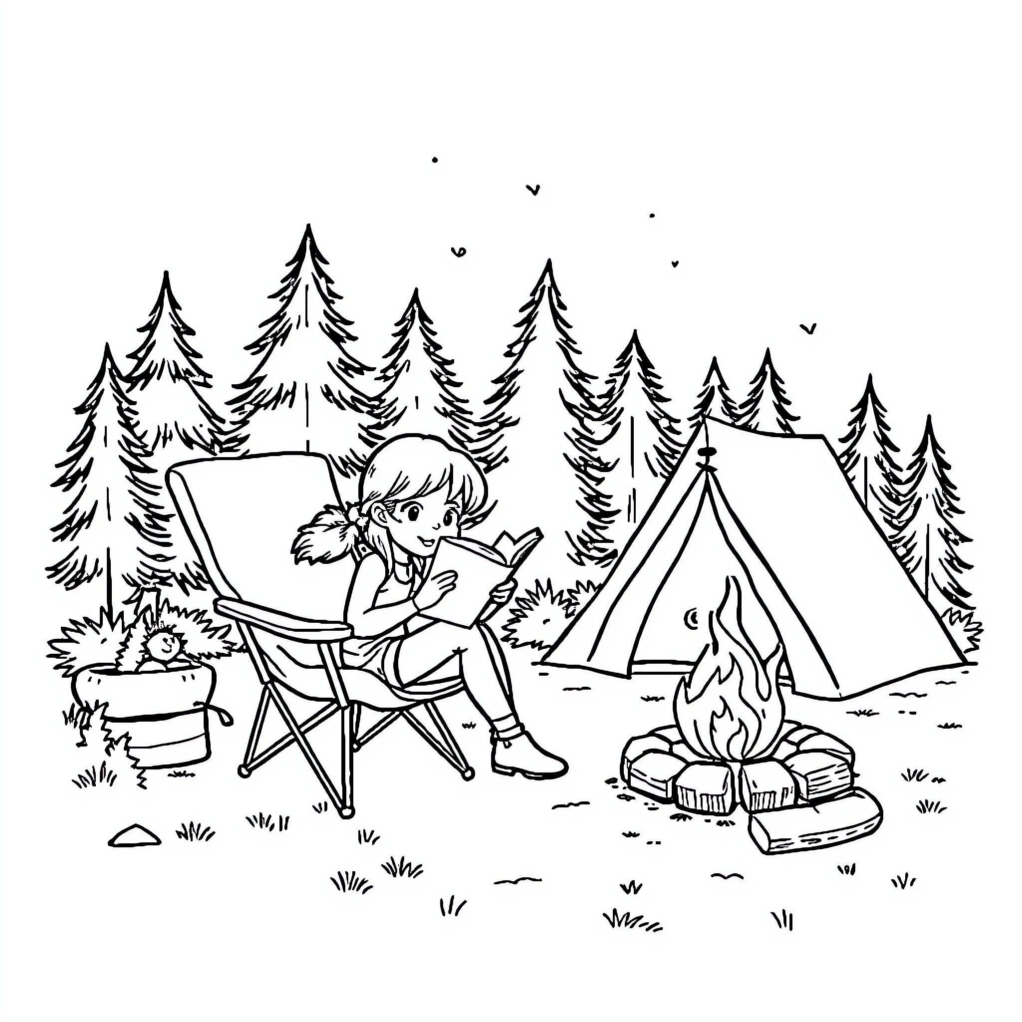Girl Camping in the Peaceful Forest Coloring Page (free black-and-white line drawing printable PDF for all, from beginners to advanced learners, including children, teens, adults, and seniors)
