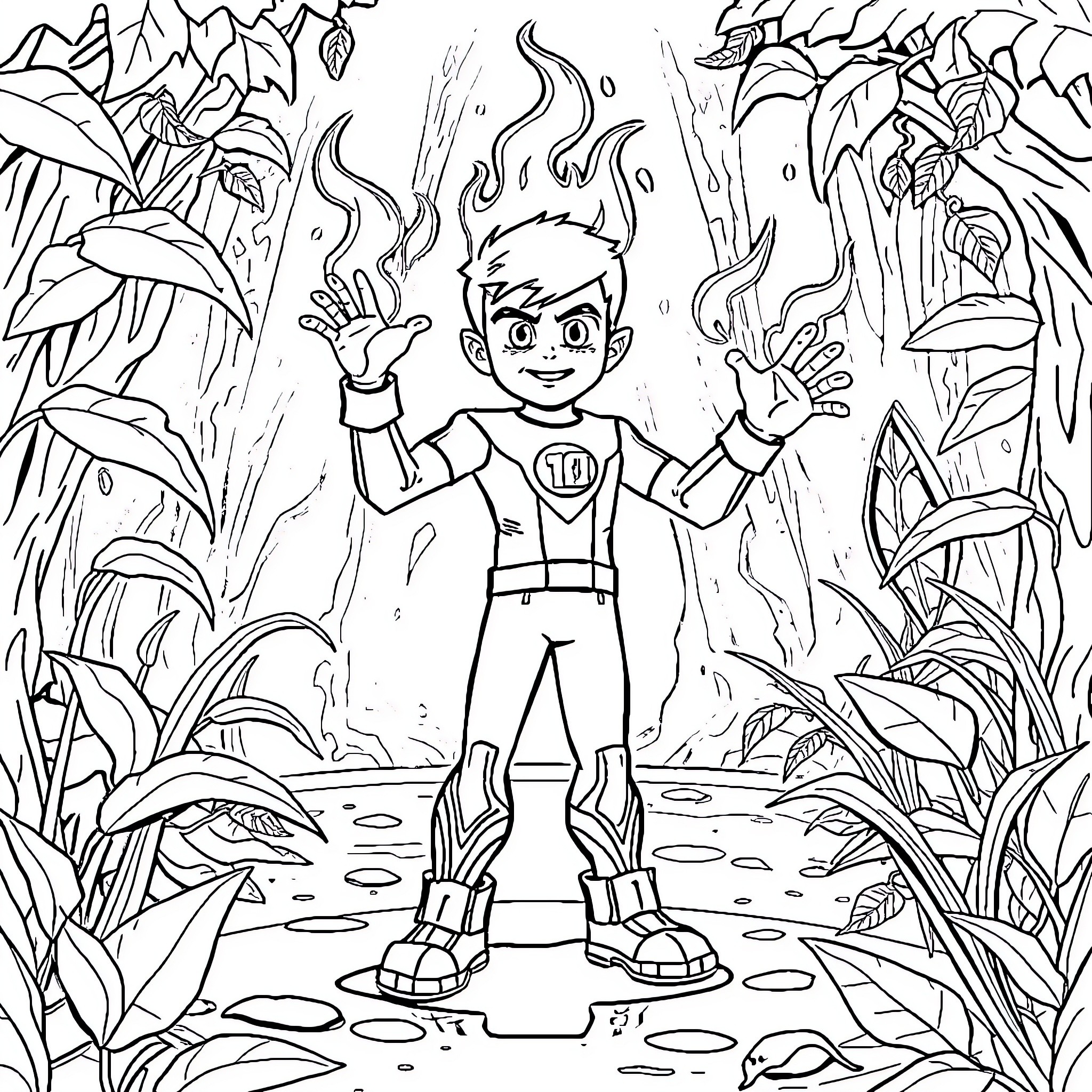 Ben 10 Exploring the Enchanted Wilderness Coloring Page (free black-and-white line drawing printable PDF for all, from beginners to advanced learners, including children, teens, adults, and seniors)