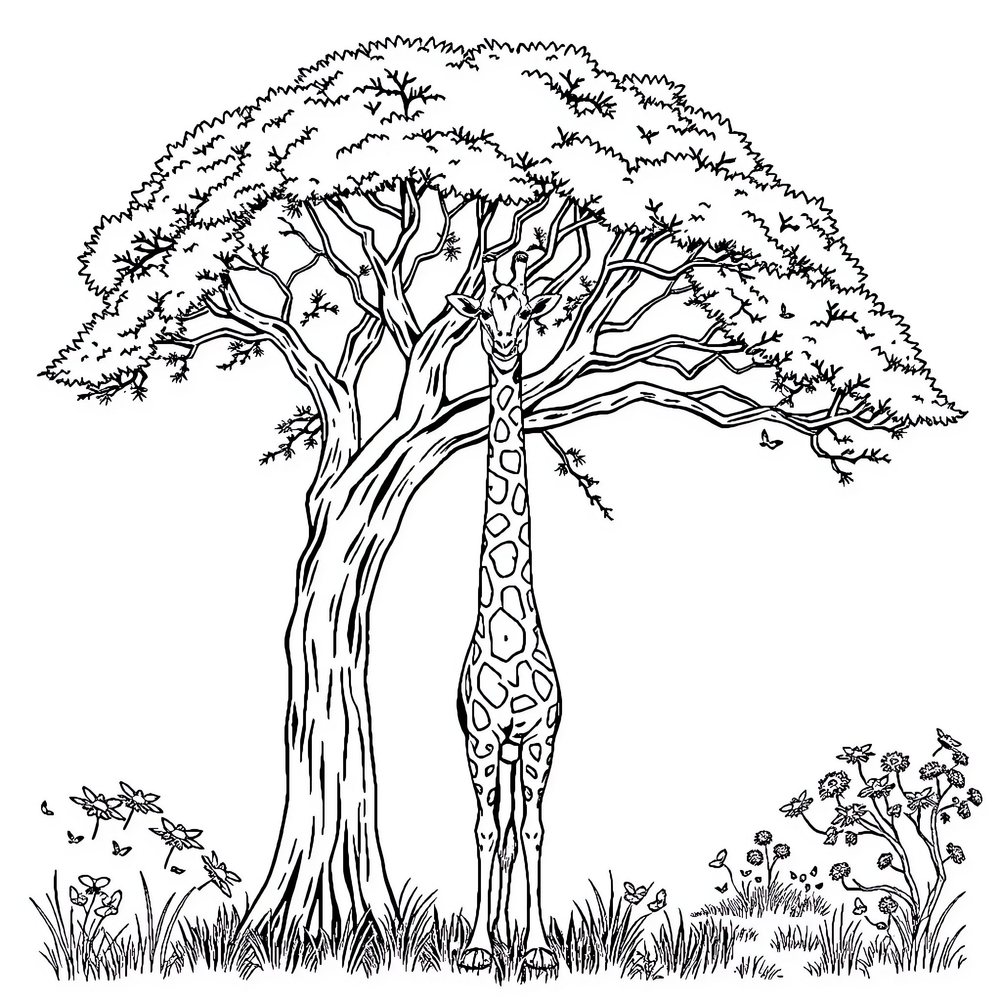 Giraffe standing tall in a lush forest Coloring Page (free black-and-white line drawing printable PDF for all, from beginners to advanced learners, including children, teens, adults, and seniors)