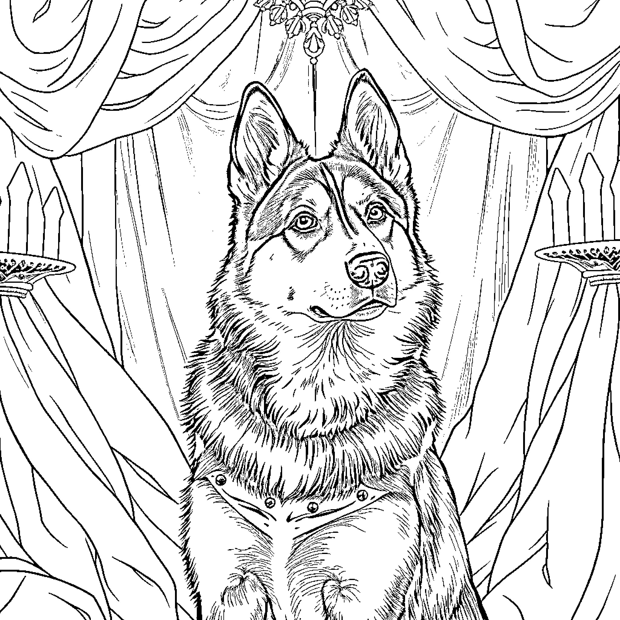 Husky in Elegant Regal Pose Coloring Page (free black-and-white line drawing printable PDF for all, from beginners to advanced learners, including children, teens, adults, and seniors)