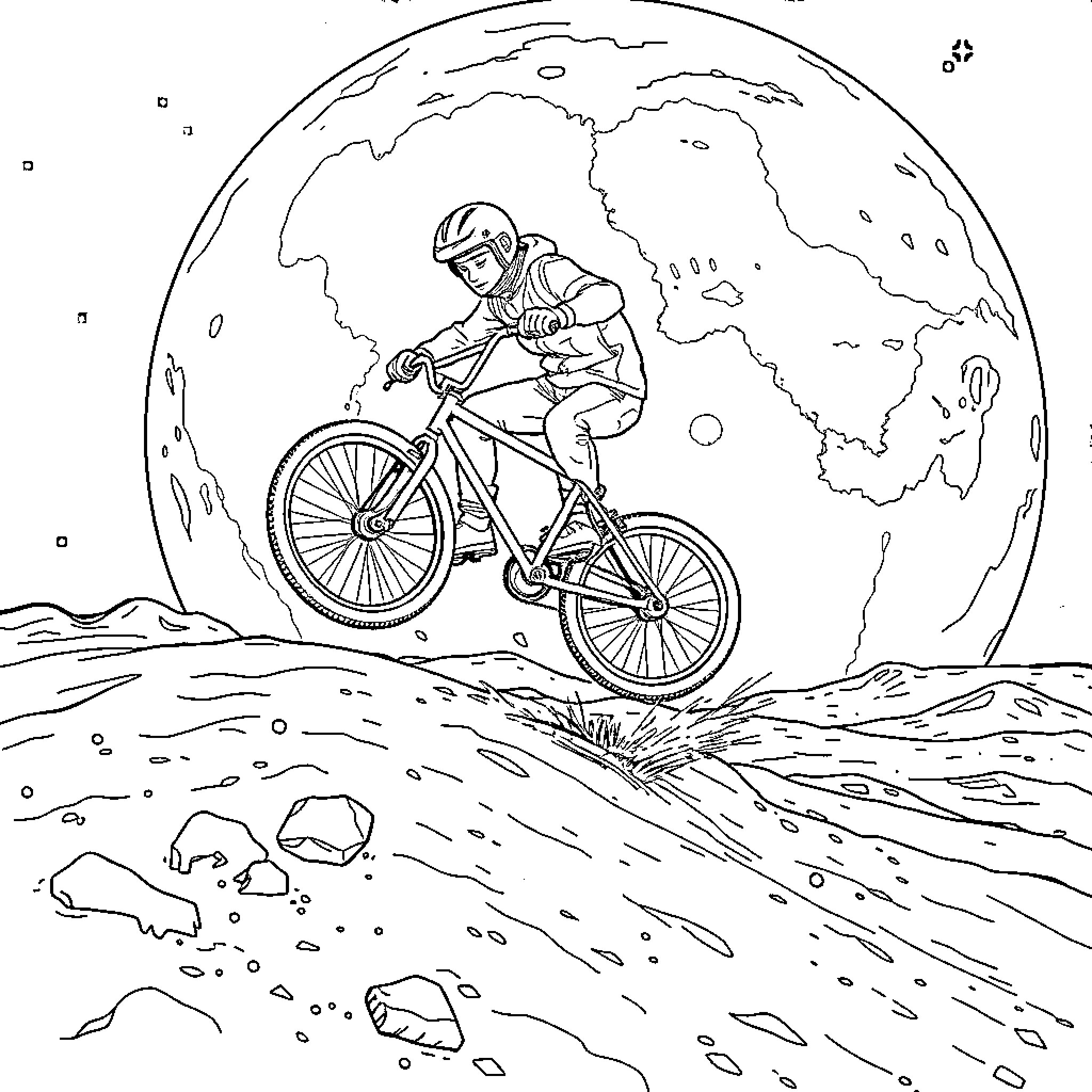 BMX rider performing stunts on a moonlit landscape Coloring Page (free black-and-white line drawing printable PDF for all, from beginners to advanced learners, including children, teens, adults, and seniors)